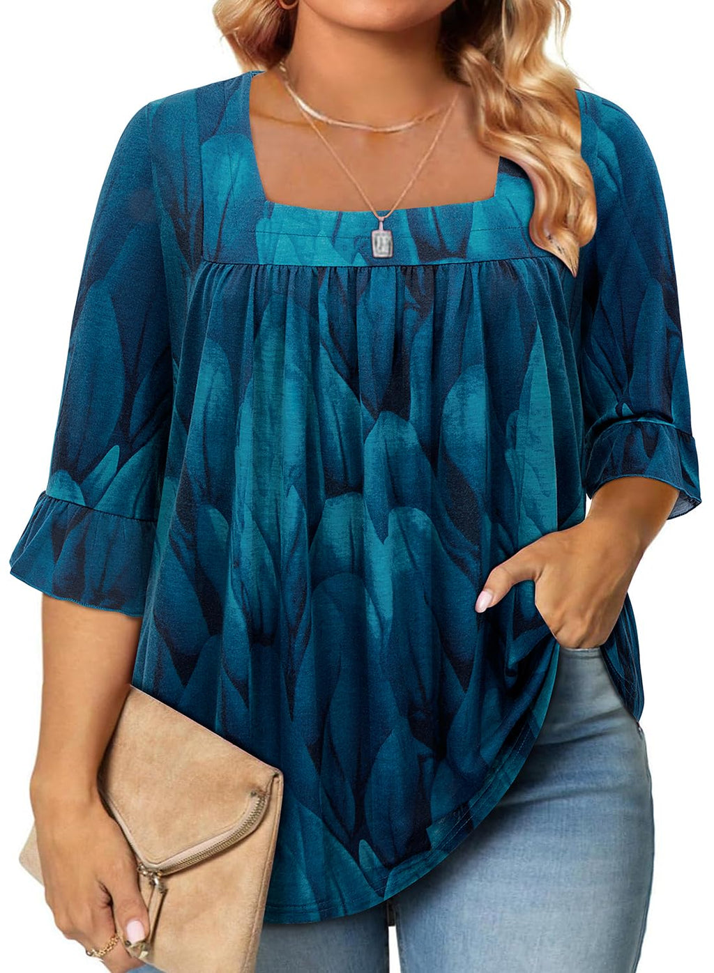 Siddhe Womens Plus Size Tops Loose Fit 3/4 Ruffle Sleeve Blouses Square Neck T Shirt Casual Tunic Tops(1X-5X)