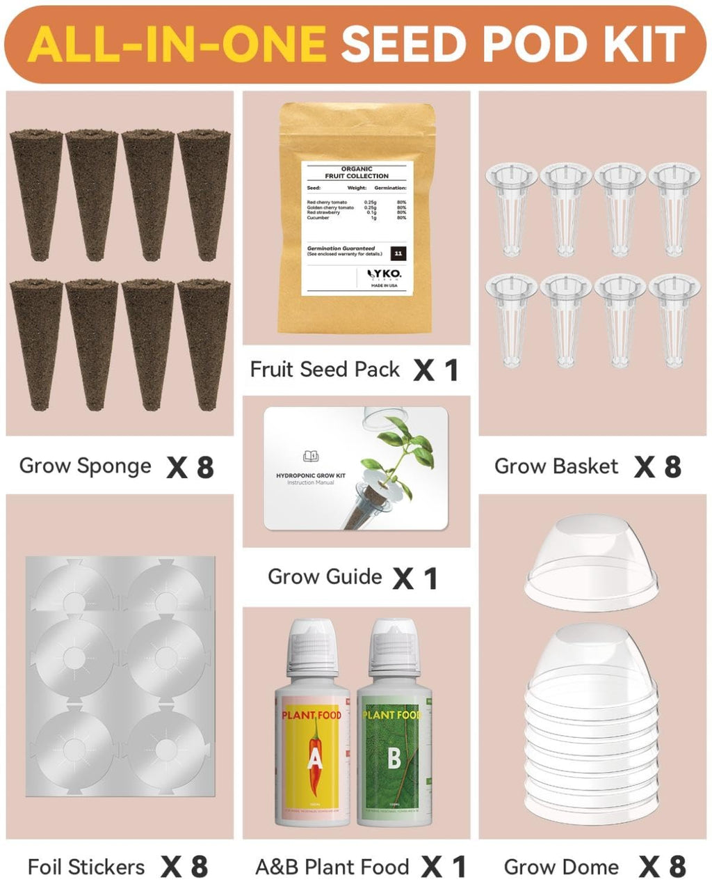 Hydroponics Seed Pod with Genovese Basil & Purple Basil, 8 Pods Complete Kit with Sponge, Basket, Dome, Label, Compatible with AeroGarden, Ahopegarden, GARDENCUBE, iDoo & MUFGA Indoor Smart Gardens