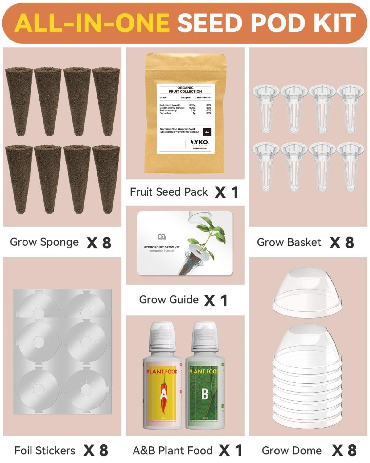 Hydroponics Seed Pod with Genovese Basil & Purple Basil, 8 Pods Complete Kit with Sponge, Basket, Dome, Label, Compatible with AeroGarden, Ahopegarden, GARDENCUBE, iDoo & MUFGA Indoor Smart Gardens