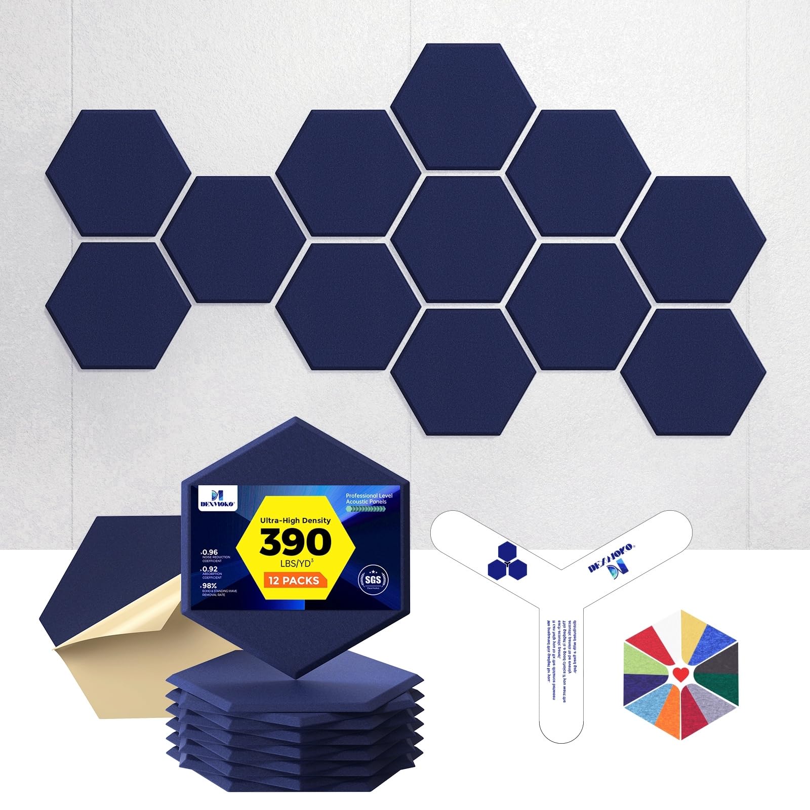 Self-Adhesive Acoustic Panels [390 lbs/yd³ Ultra-High Density], 2nd Generation Sound Absorbing Panel, Professional Level Sound Panel, Polyester Soundproof Foam [Medium Hexagon, Beige]