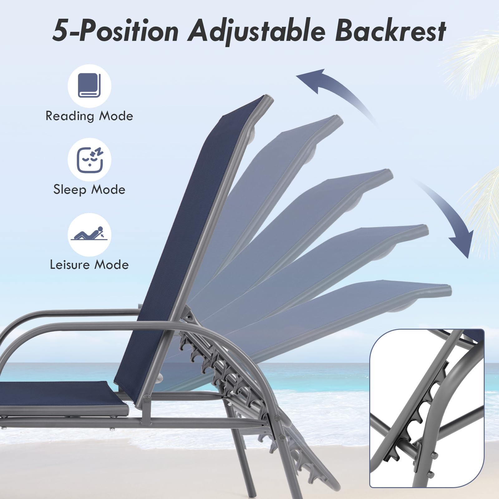 Giantex Patio Lounge Chair, Outdoor Chaise Lounge with 5 Adjustable Backrest, Sturdy Steel Frame, Sunbathing Recliner, Beach Chair, Tanning Chair for Outside, Yard, Balcony, Pool Chairs, Black
