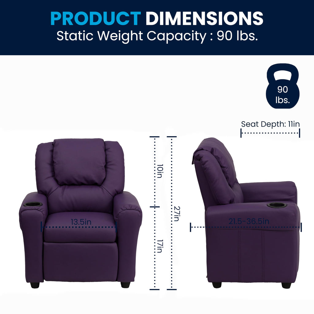Flash Furniture Vana Vinyl Kids Recliner with Cup Holder, Headrest, and Safety Recline, Contemporary Reclining Chair for Kids, Supports up to 90 lbs., Beige