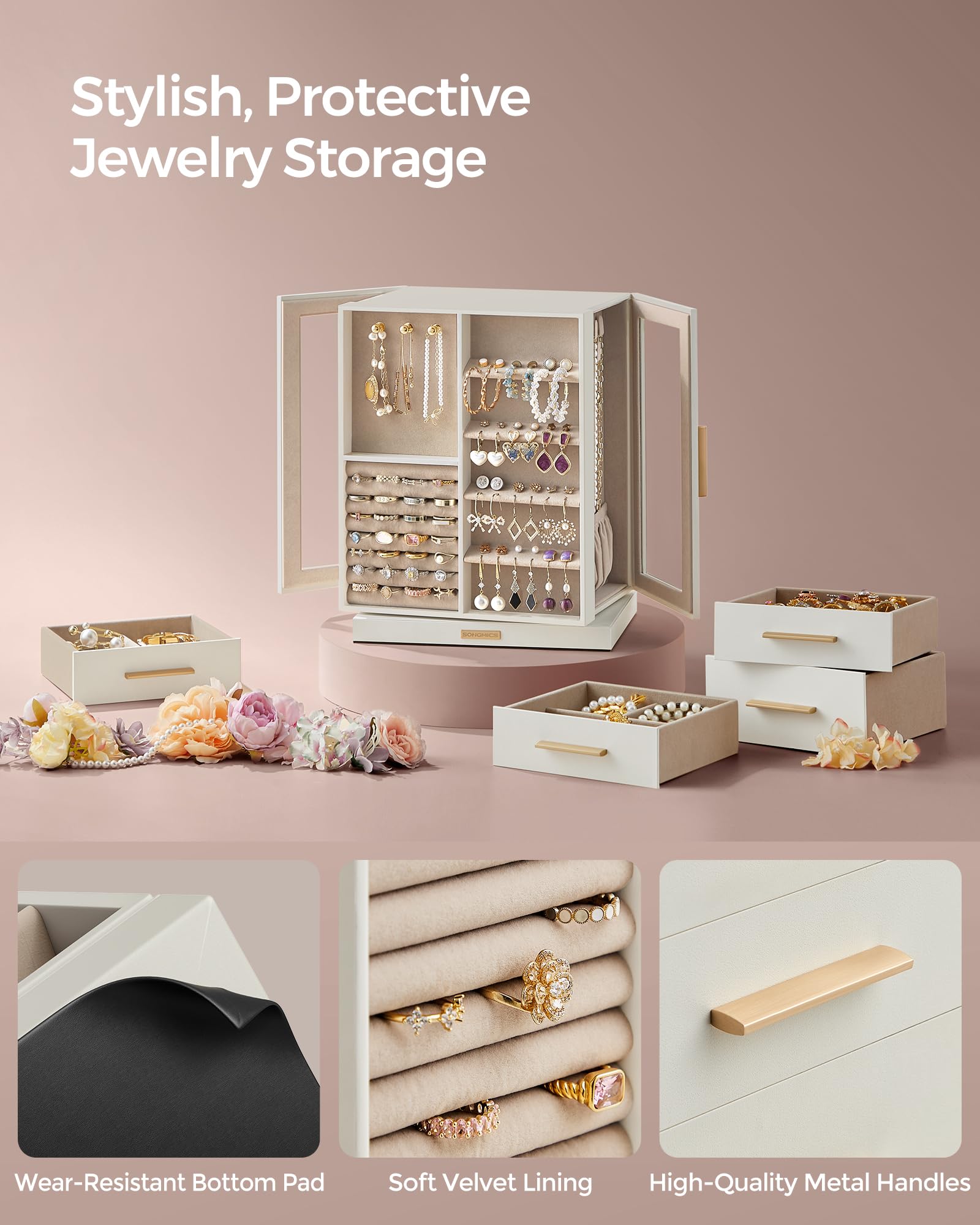 SONGMICS GISELLA Collection - Jewelry Box Organizer 360° Rotating, Vertical Jewelry Storage Case with 5 Drawers, Glass Window, Spacious, Open Design, Great Gift, Cloud White UJBC170W01