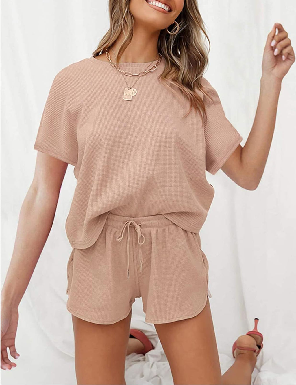 MEROKEETY Women's Short Sleeve Waffle Pajama Sets Lounge Top and Shorts 2 Piece Tracksuit Outfits