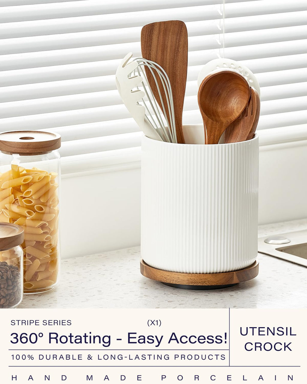 getstar Extra Large Rotating Utensil Holder for Kitchen Counter, 7.2" Ceramic Utensils Crocks Set for Countertop Large & Small Utensil Organizer for Spatula Farmhouse Kitchen Decor