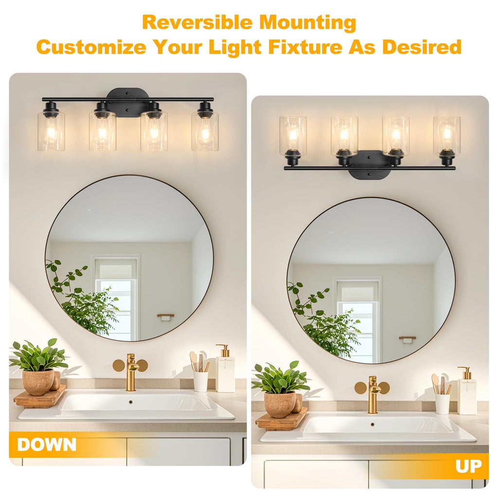 Unicozin 2 Pack Modern Bathroom Light Fixtures, 3 Light Vanity Lights, Black Wall Lamp with Clear Glass for Bathroom, Mirror, Living Room, Bedroom, Hallway, E26 Base