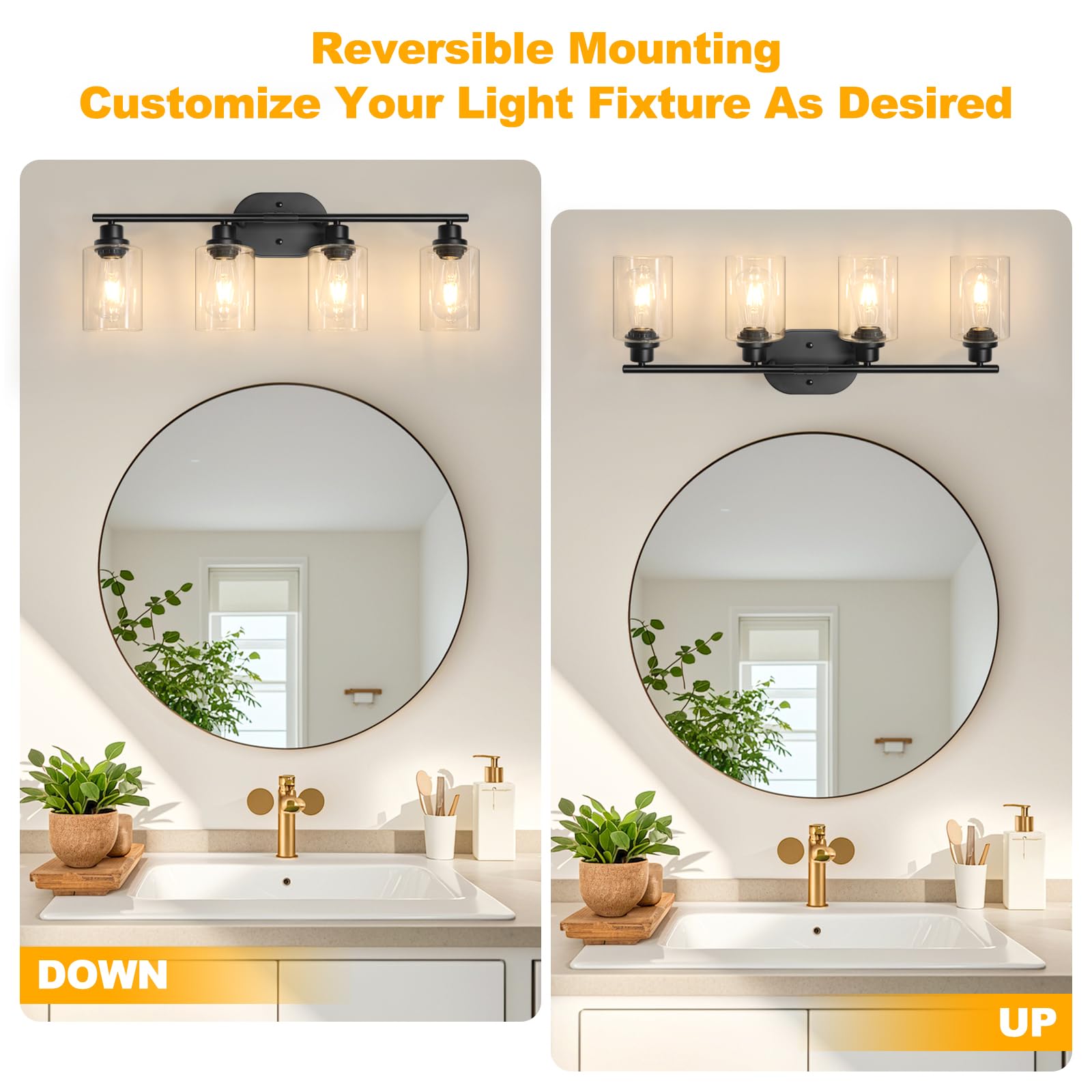 Unicozin 2 Pack Modern Bathroom Light Fixtures, 3 Light Vanity Lights, Black Wall Lamp with Clear Glass for Bathroom, Mirror, Living Room, Bedroom, Hallway, E26 Base