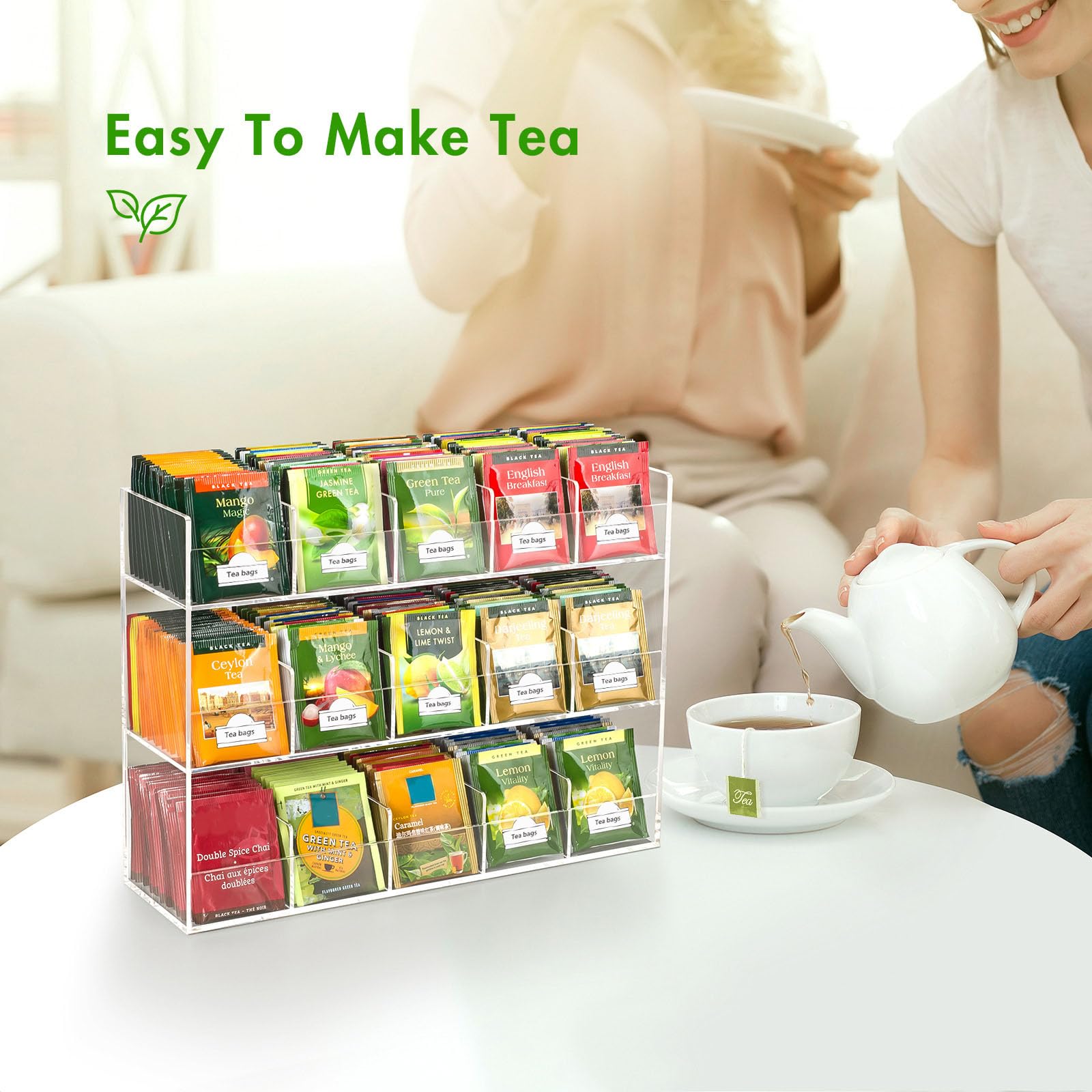 BEYGORM Acrylic Tea Bag Organizer for 216 Tea Packets, No Assembly Required, Display Holder for Countertop, Vertical Tea Bag Caddy for Cabinet, Tea bar Accessories, Teabags Storage Containers