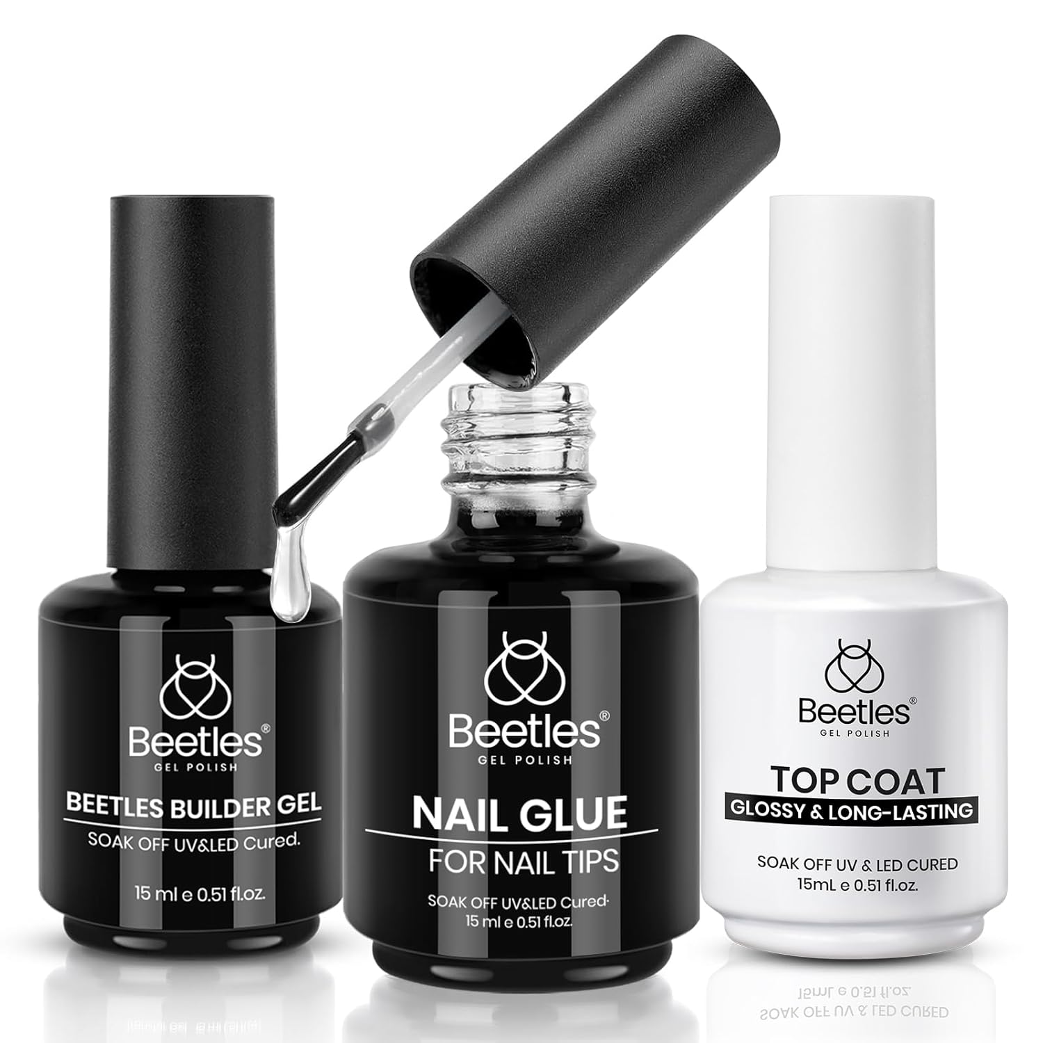 Beetles 2Pcs 15ml Gel Base and Top Coat Set - Upgrade No Wipe Extra Glossy Top Coat Finish for Gel Nail Polish, Soak Off UV/LED Lamp Needed, Essentials for Long-Lasting Manicure Kit