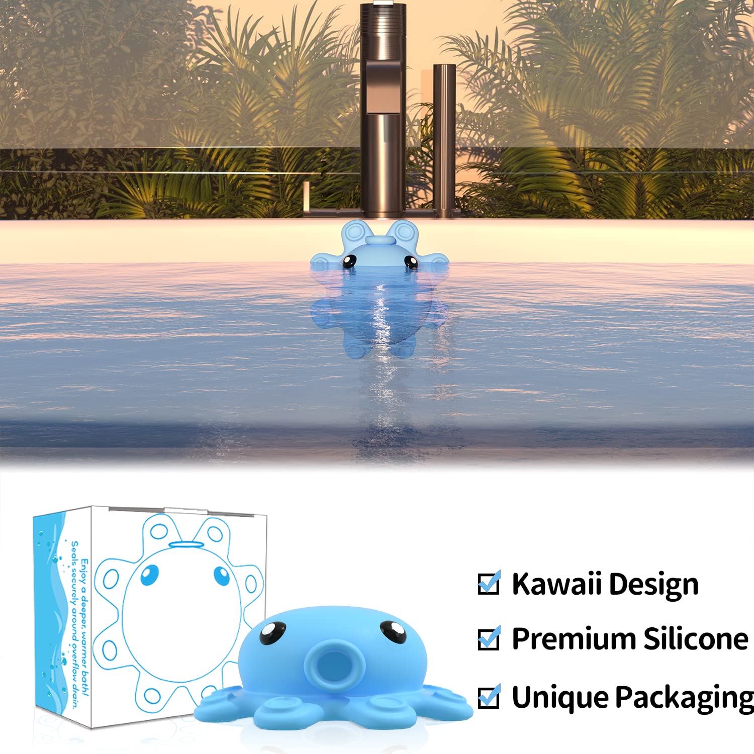Bathroom Bathtub Overflow Drain Cover- Silicone Bath Tub Drain Cover, Tub Overflow Drain Stopper with Suction Cups, Adds Inches of Water for Deeper Bath, Cute Bathroom Accessories, Baby Blue