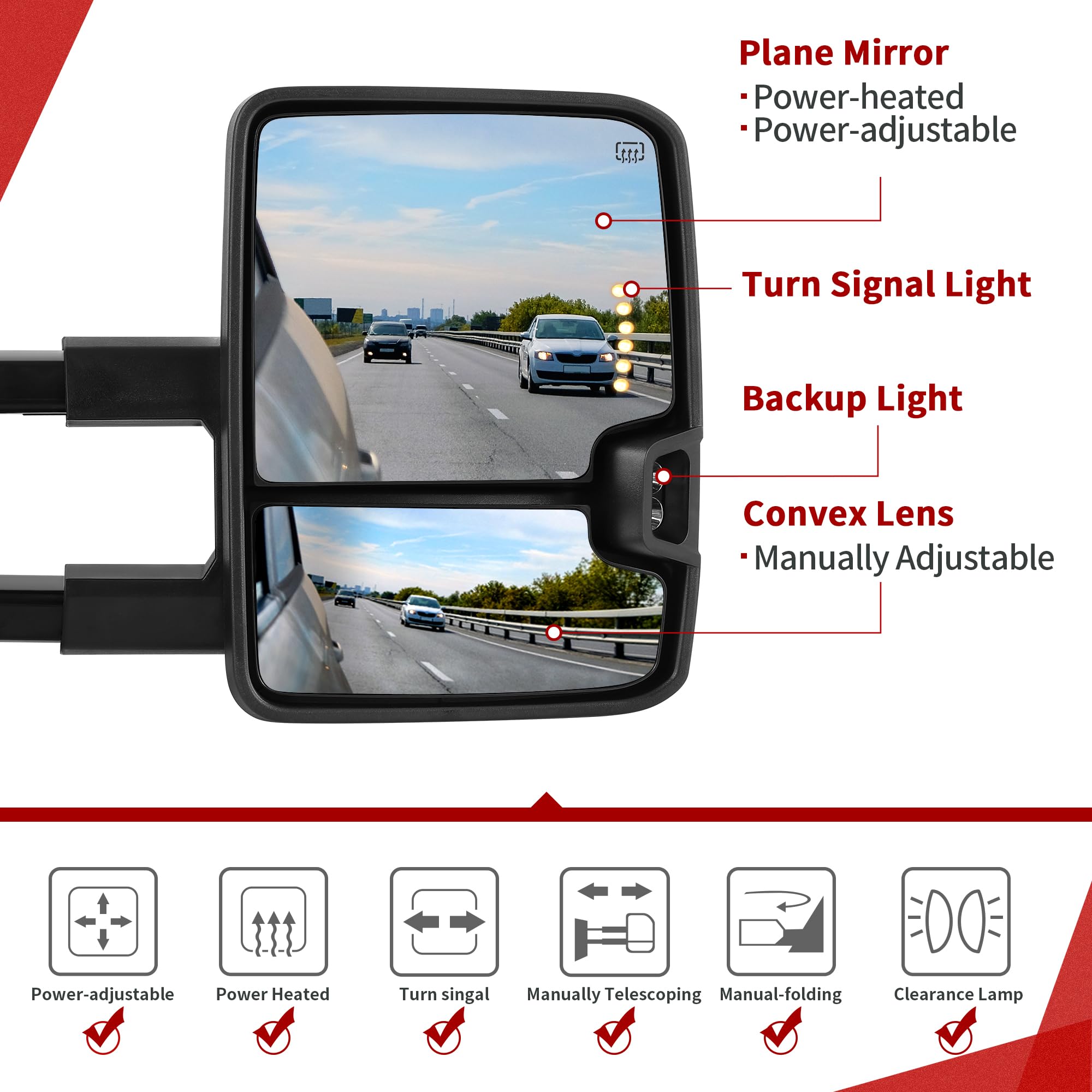 YITAMOTOR Towing Mirrors Compatible with 07-13 Silverado 1500 2500 3500 Tahoe Suburban Avalanche GMC Sierra Yukon Cadillac LED Turn Signal Light Power Heated Manual Telescoping Folding