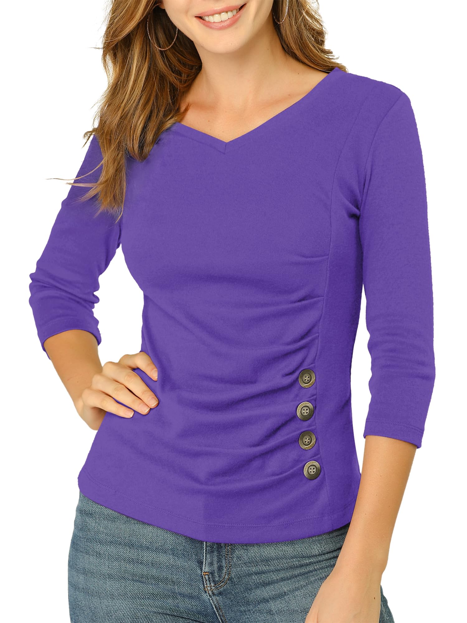Allegra K Women's V Neck Tops 3/4 Sleeves Solid Knitted Buttons Decor Ruched Blouse