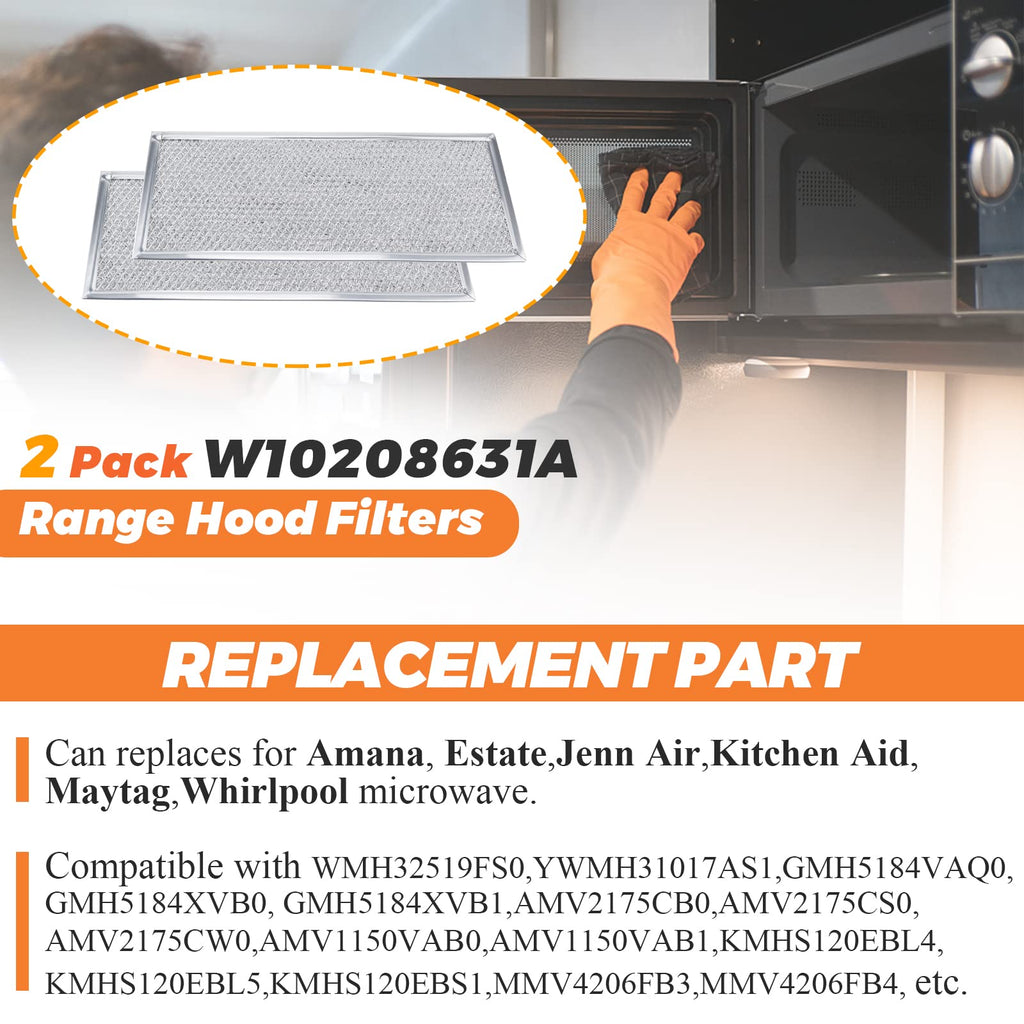2026 Upgraded W10208631A Microwaves Grease Filter Approx. 13" x 6" by Beaquicy - Replacement for Whirlpool GE Microwaves - Pack of 2