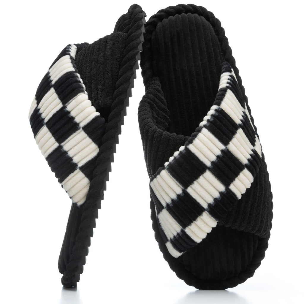 GOEWY Slippers for Women Memory Foam House Bedroom Corduroy Crossbands Open Toe Slides Sandals Shoes Comfy Trendy Gift for womens Anti-Skid sole