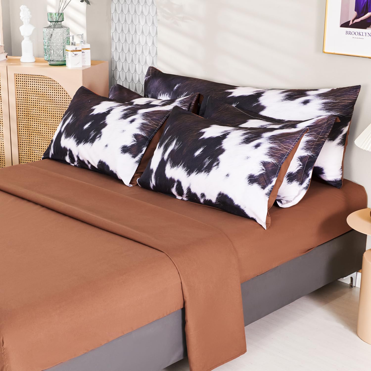 SUCSES Full Size Comforter Set with Sheets 8 Piece Cow Print Bedding Set for Boys Girls Black and White Kids Bed-in-A-Bag Farmhouse Rustic Bed Set for Bedroom (Milk Cow, Full)