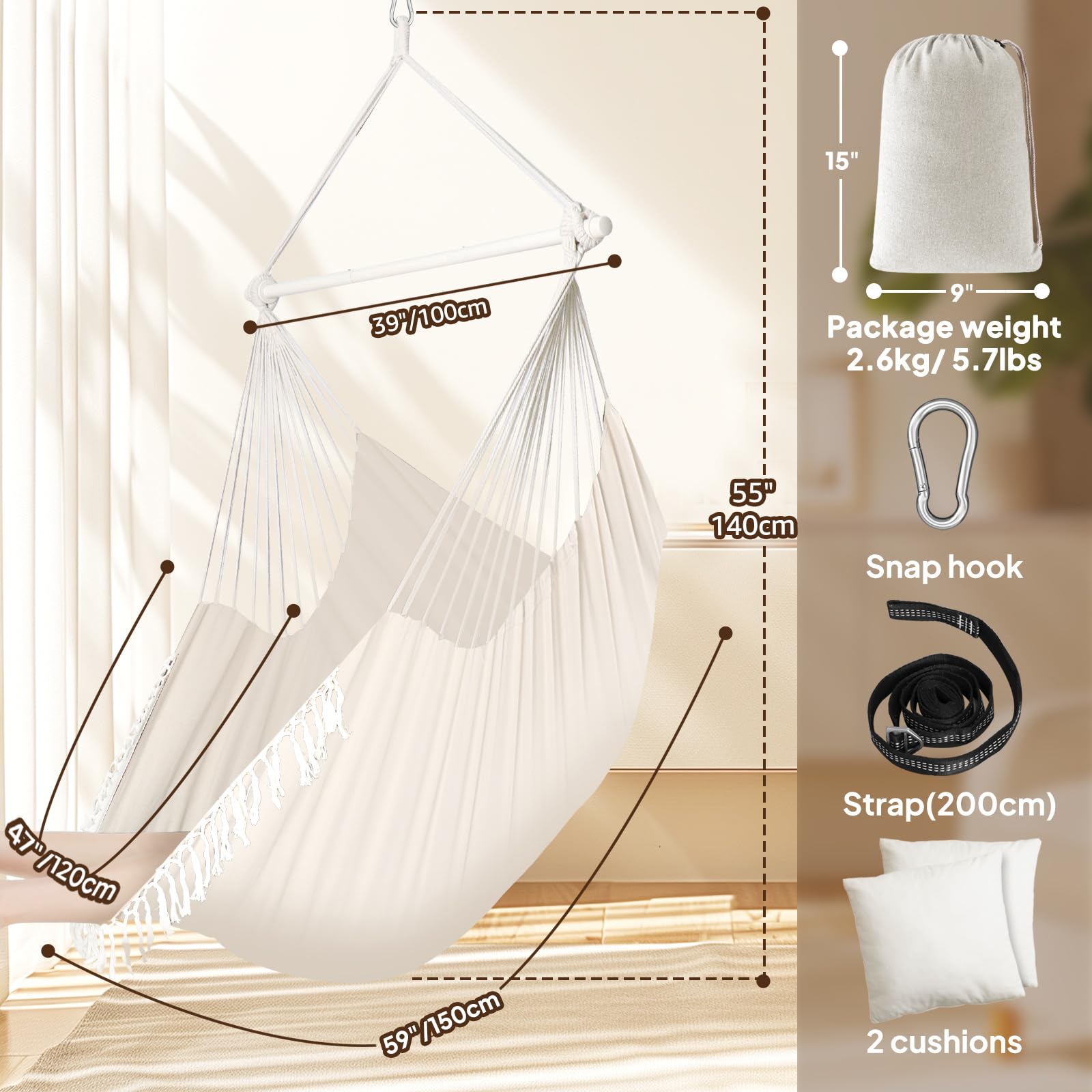Chihee Hammock Chair Hanging Swing Max 500 Lbs 2 Cushions Included Metal Spreader Bar with Anti-Slip Grooves Portable Hanging Chair Side Pocket Large Macrame Bohemian Chair Indoor Outdoor | Hanging Swing with Anti-Slip Grooves Portable Hanging Chair Side