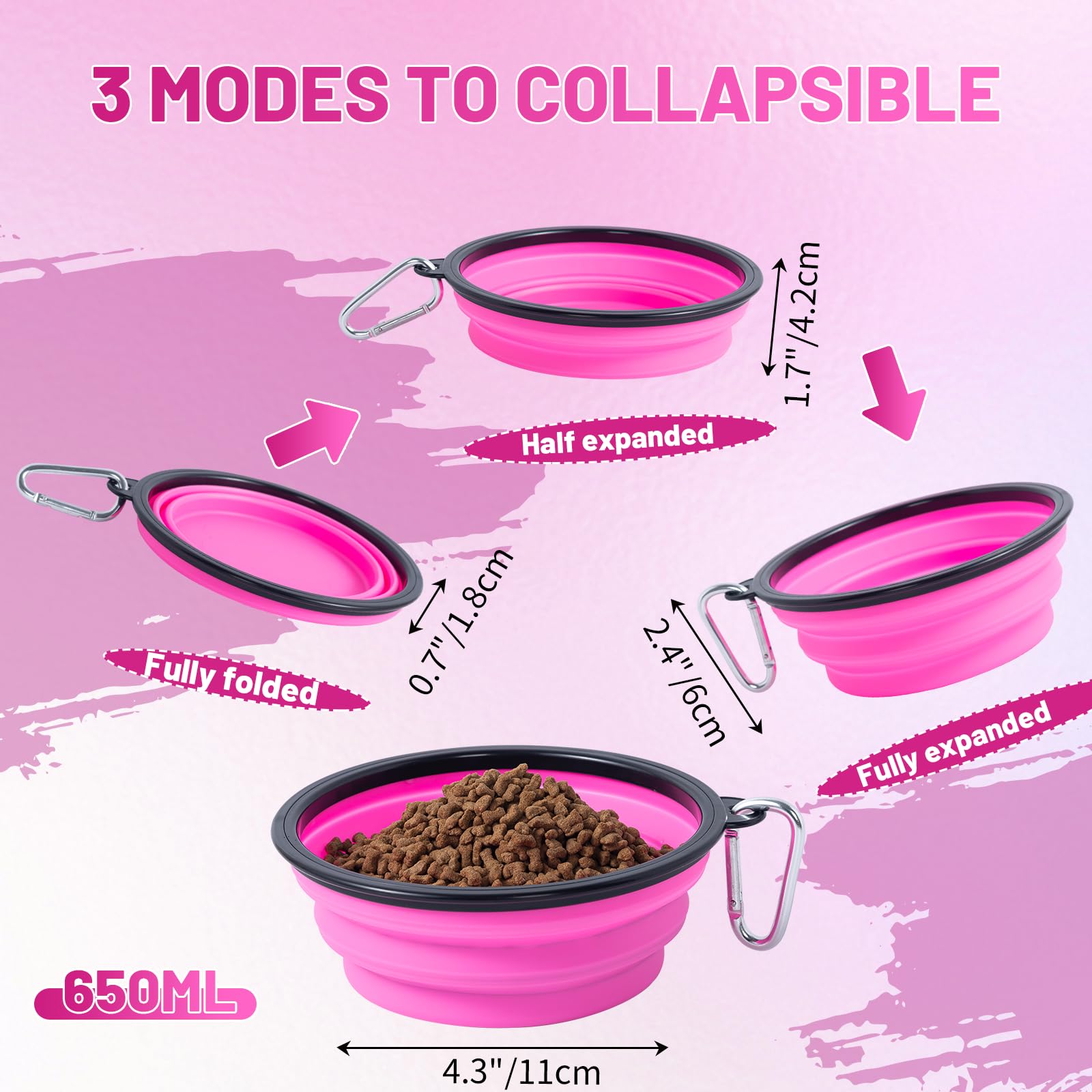 Dog Bowl Pet Collapsible Bowls, 2 Pack Collapsible Dog Water Bowls for Cats Dogs, Portable Pet Feeding Watering Dish for Walking Parking Traveling with 2 Carabiners (Small, Black & Pink)