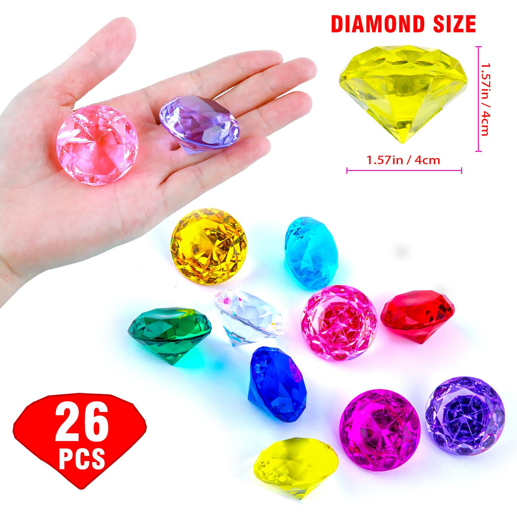 Niceup 26PCS Blue Fake Diamonds Gem Toys, 1.5in Pool Diving Gems Acrylic Plastic Gemstones for Kids, Party Décor Jewels Treasure Hunt Hiding Sensory Bin Filler Toys Craft Supplies