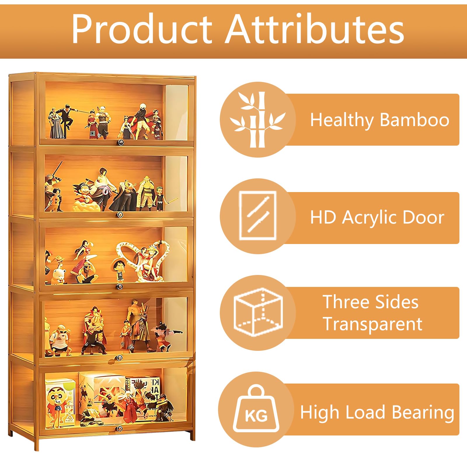 Display Cabinet with Acrylic Glass Door, 5 Tier Curio Display Case, Collectibles Toy Organizers Rack & Display Shelf, Kids Bookcase for Bedroom, Reading Nook, living Room, Bamboo (Black -flip Door)