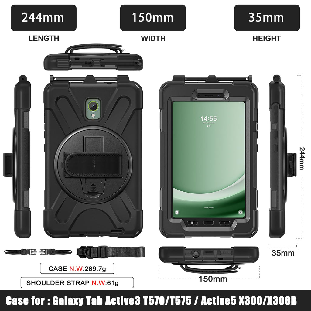 Samsung Galaxy Tab Active5/Active 3 8.0 Case, with 360 Stand, Handle Hand Strap & Shoulder Strap for Galaxy Tab Active5 8" 2024 X300/X307, Active3 8" 2020 T570/T575/T577 (Black)