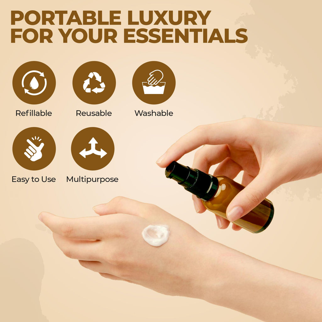 VitalUp Empty Refillable Glass Amber Pump Bottle Ideal for Lotion Cream Essential Oil Travel Small Container - 2 Pack (50ml)