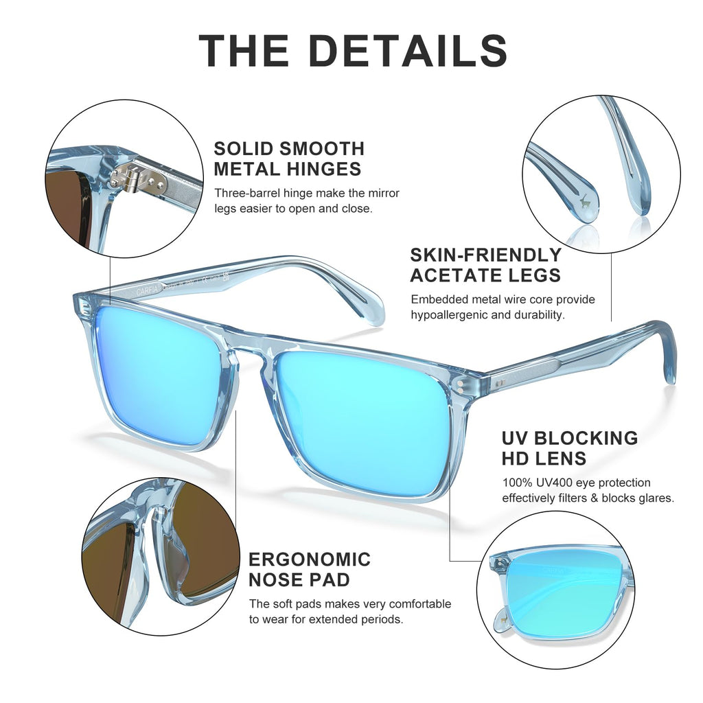 CARFIA Retro Polarized Sunglasses for Men UV Protection Hand-crafted Acetate Frame Fashion Cool Sun Glasses CA53572