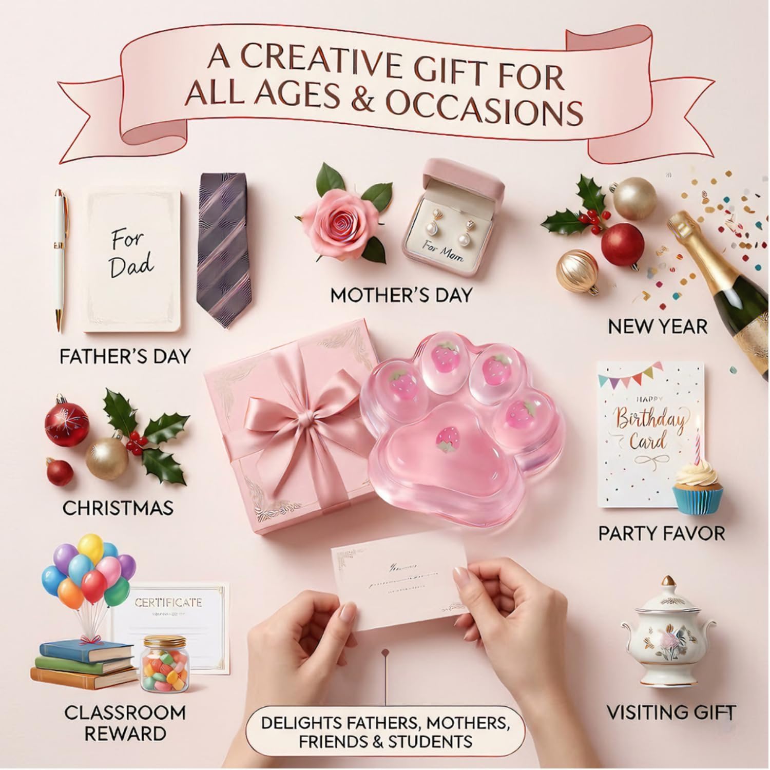 Oversized 𝟱 Inch Pink Cat Paw Squishy Toy/Strawberry Decor Taba Squishy Cat Paw/Soft Silicone Taba Squishy Paw Stress Relief Fidget Toy/Cute Desktop Ornament for Adults/Ideal Gift for Office & Study