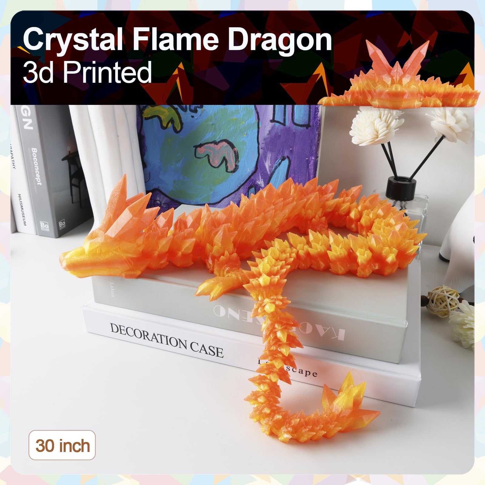 24" Large 3D Printed Dragon - Huge Articulated Crystal Dragon Fidget Toy, Giant Flexible 3D Dragon Figure, Birthday Gift for Boys Girls Kids & Collectors, Home Office Executive Desk Decor