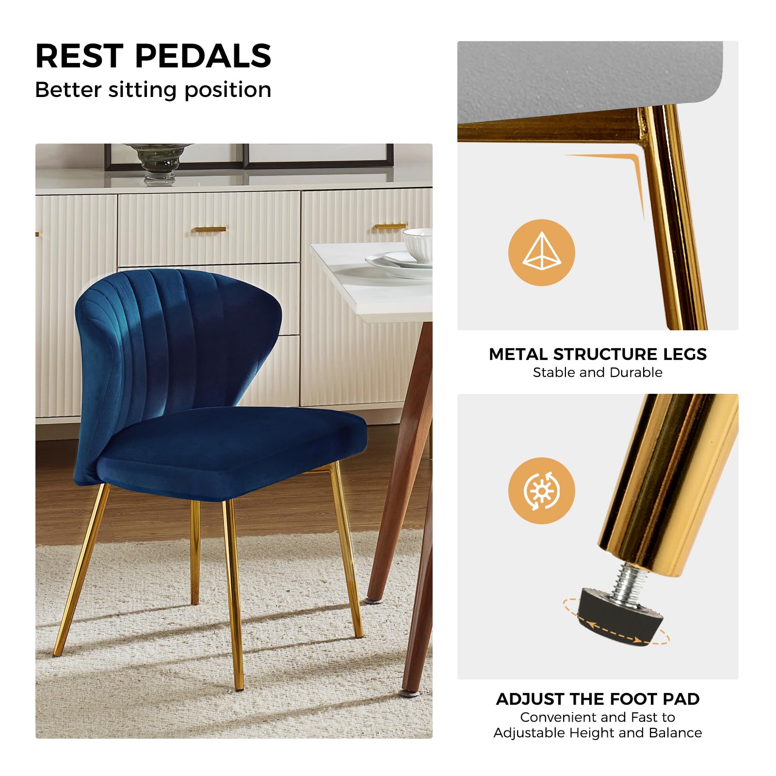 HULALA HOME Velvet Dining Chairs, Modern Small Armless Accent Chair with Gold Metal Legs, Living Room Upholstered Cute Side Chair, Elegant Tufted Back Vanity Chair for Bedroom, Auburn