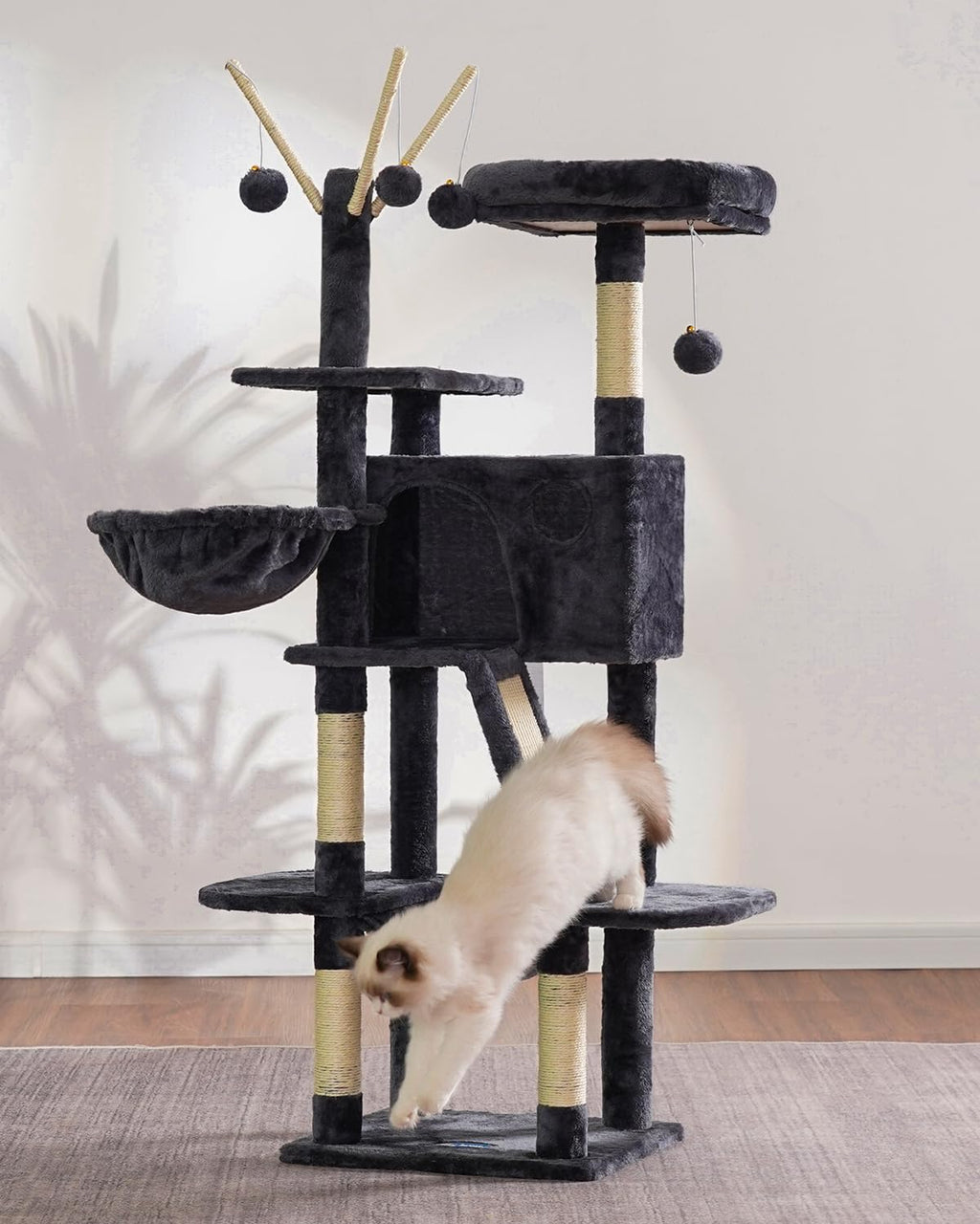 Hey-brother Cat Tree, 53 inch Cat Tower for Indoor Cats, Cat House with Padded Platform Bed, Toy Balls, Large Cozy Condo, Hammocks and Sisal Scratching Posts, Beige MPJ019-SM