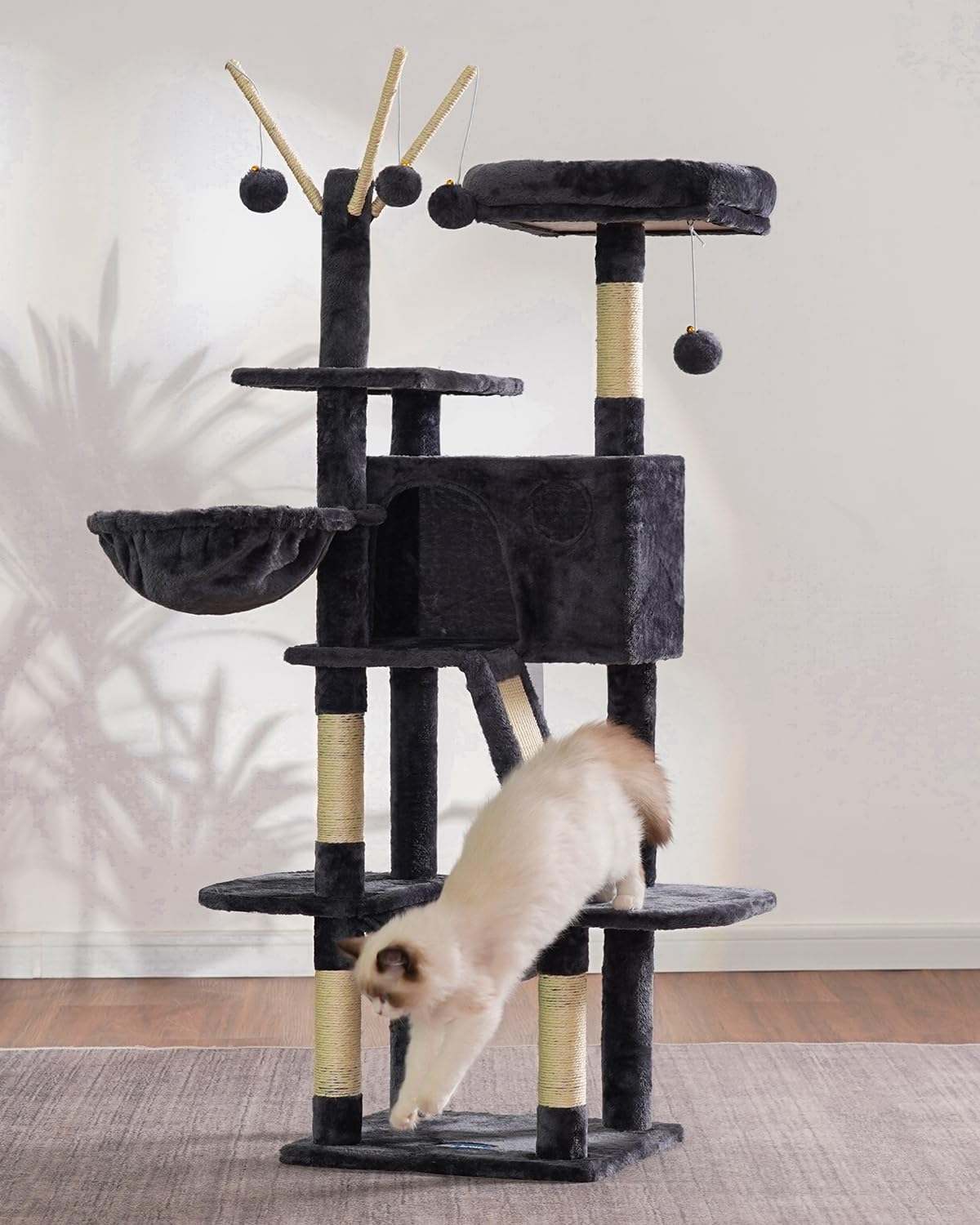 Hey-brother Cat Tree, 53 inch Cat Tower for Indoor Cats, Cat House with Padded Platform Bed, Toy Balls, Large Cozy Condo, Hammocks and Sisal Scratching Posts, Beige MPJ019-SM