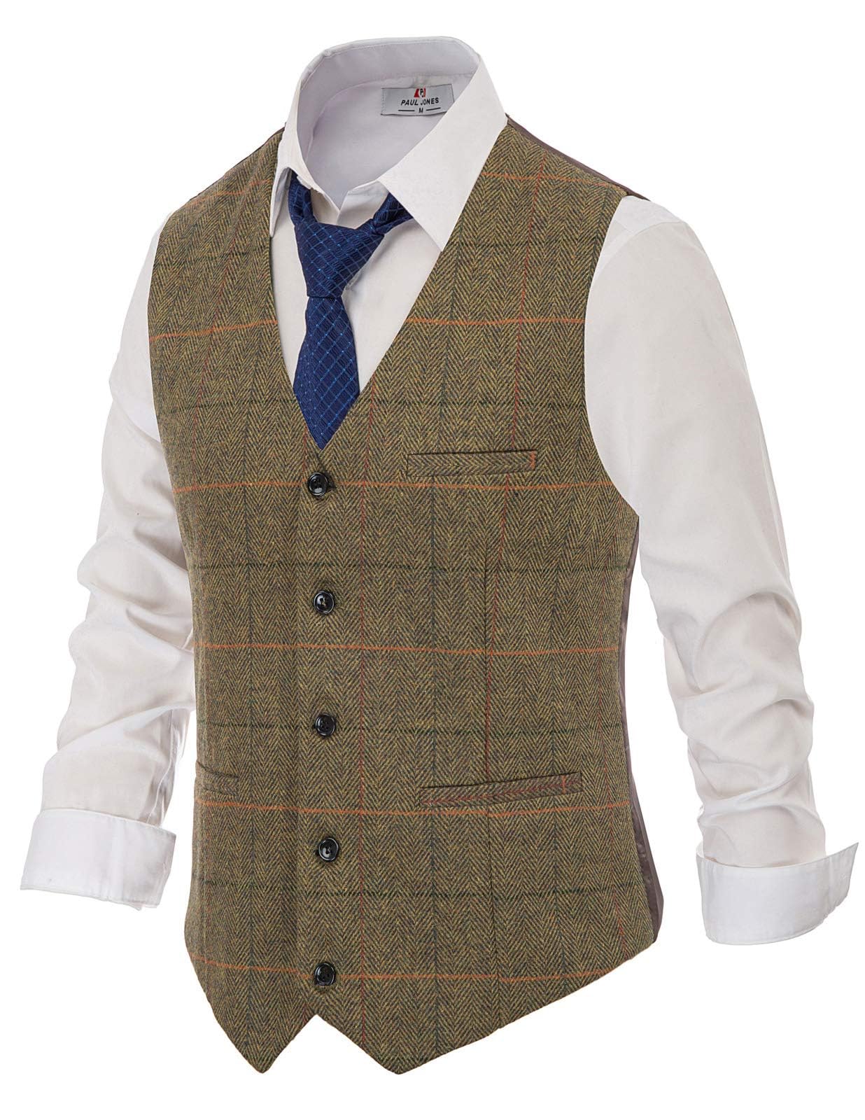 PJ PAUL JONES Men's Herringbone Tweed Suit Vest Casual Wool Blend Waistcoat