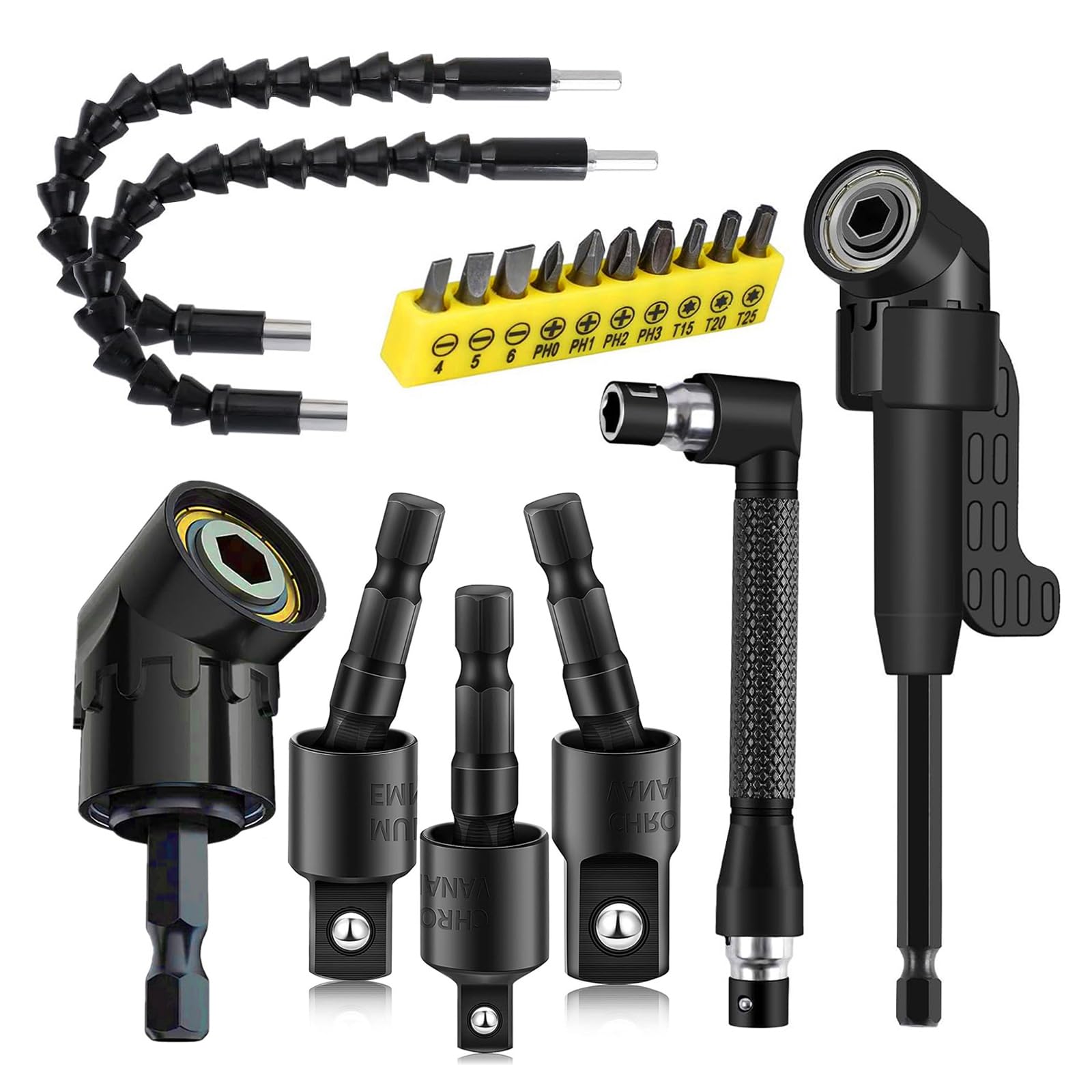 CIGOTU Impact Grade Power Hand Tools Driver Sockets Adapter Extension Set, 3Pcs 1/4 3/8 1/2" Hex Shank Drill Nut Driver Bit Set + 105 Degree Right Angle Driver Extension Screwdriver Drill Attachment