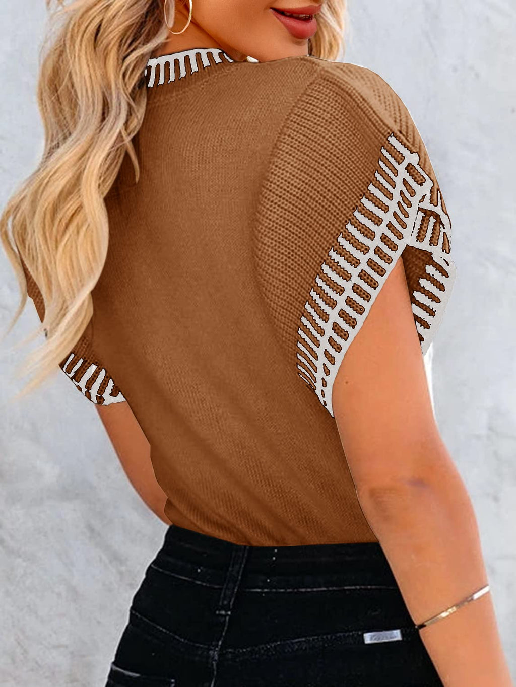 Saodimallsu Womens Short Sleeve Sweaters Tops Summer Ruffle Striped Loose Crew Neck Lightweight Soft Shirts Knit Sweater