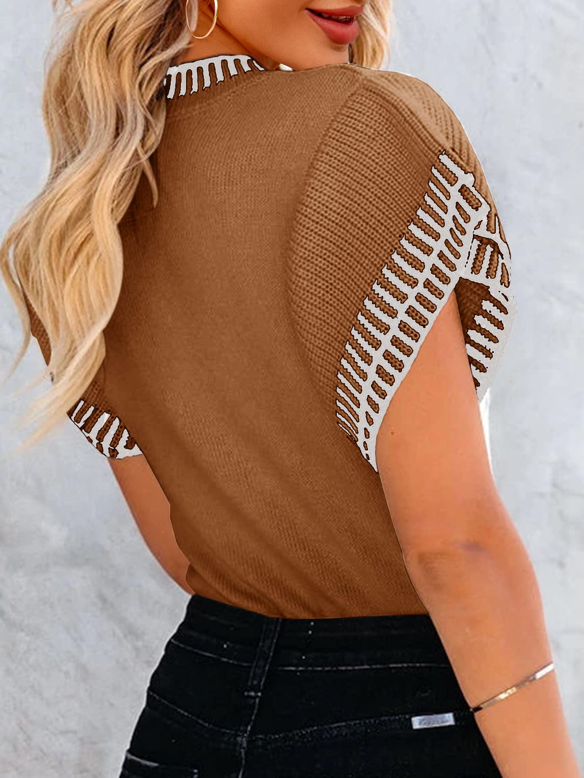 Saodimallsu Womens Short Sleeve Sweaters Tops Summer Ruffle Striped Loose Crew Neck Lightweight Soft Shirts Knit Sweater