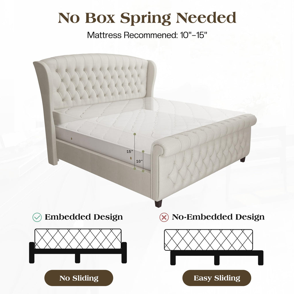 LUXOAK Queen Size Platform Bed Frame, Velvet Upholstered Sleigh Bed with Curved Headboard & Footboard, Deep Button Tufted, Wood Slats Support, No Box Spring Needed, Black