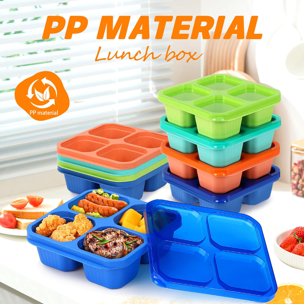 buluker 4 Pack Bento Snack Containers Set， 4 Compartment Food Storage Containers ，Wheat Straw Meal Prep Lunch Box ，Plastic Food Storage container, Microwave and Dishwasher Safe (4colour)
