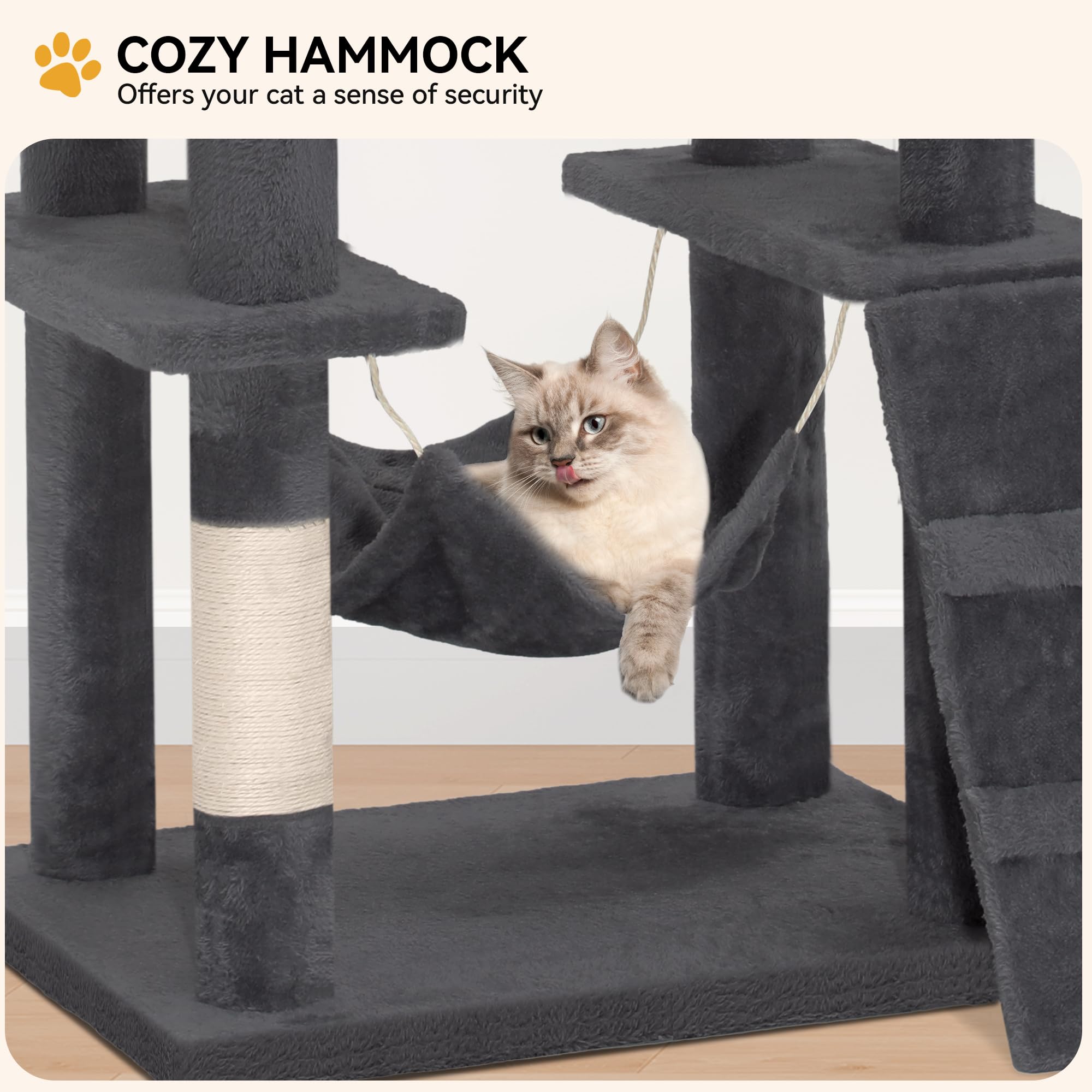 YITAHOME 44in Multi-Level Cat Tree for Indoor Kittens, Cat Furniture with Scratch Posts, Window Padded Plush Perch, Comfortable Hammock, and Interactive Pompoms, Beige