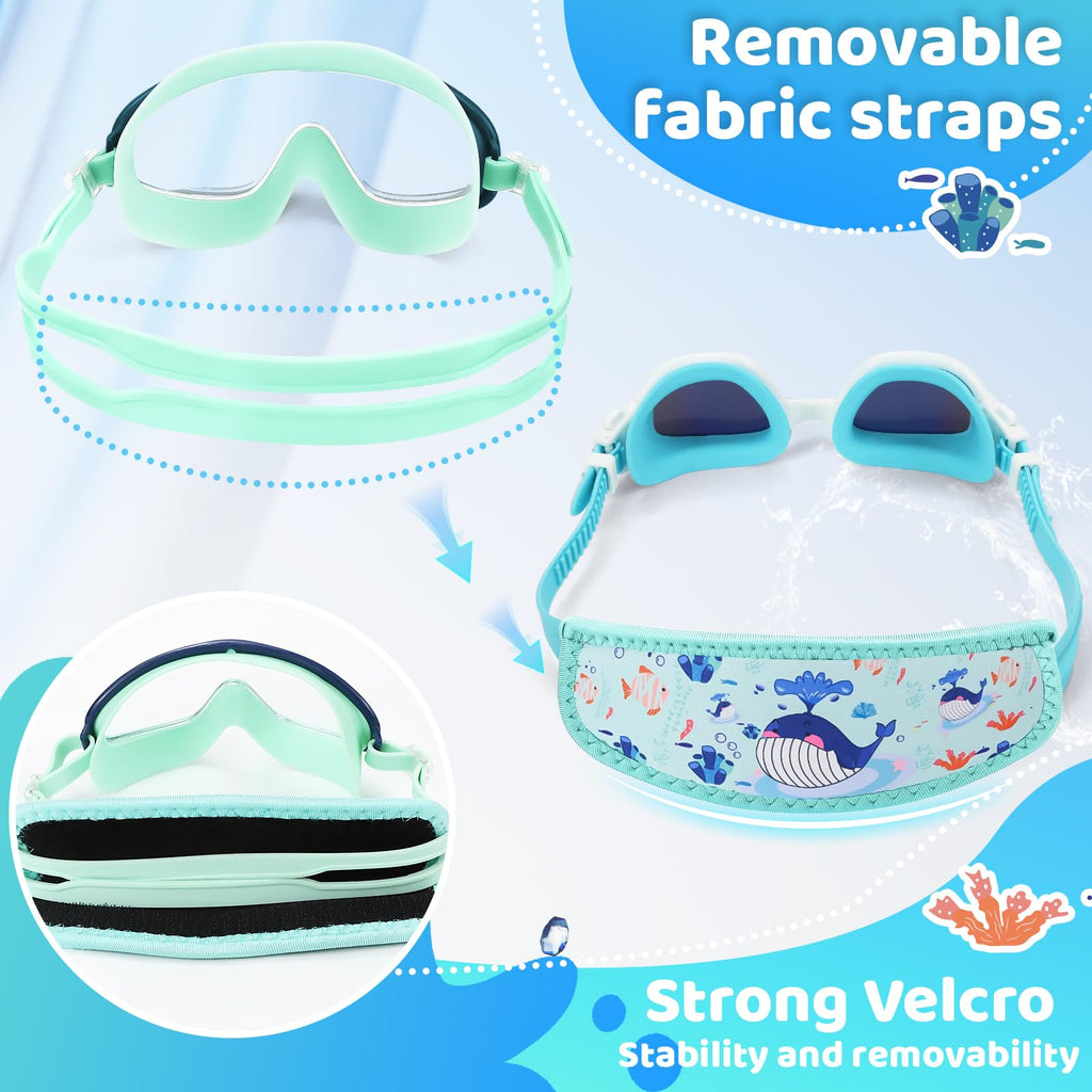 Vvinca Kids Swim Goggles with Fabric Strap No Tangle Pain-Free, Anti-Fog Swimming Pool Goggle No Leak for Toddlers Girls Boys