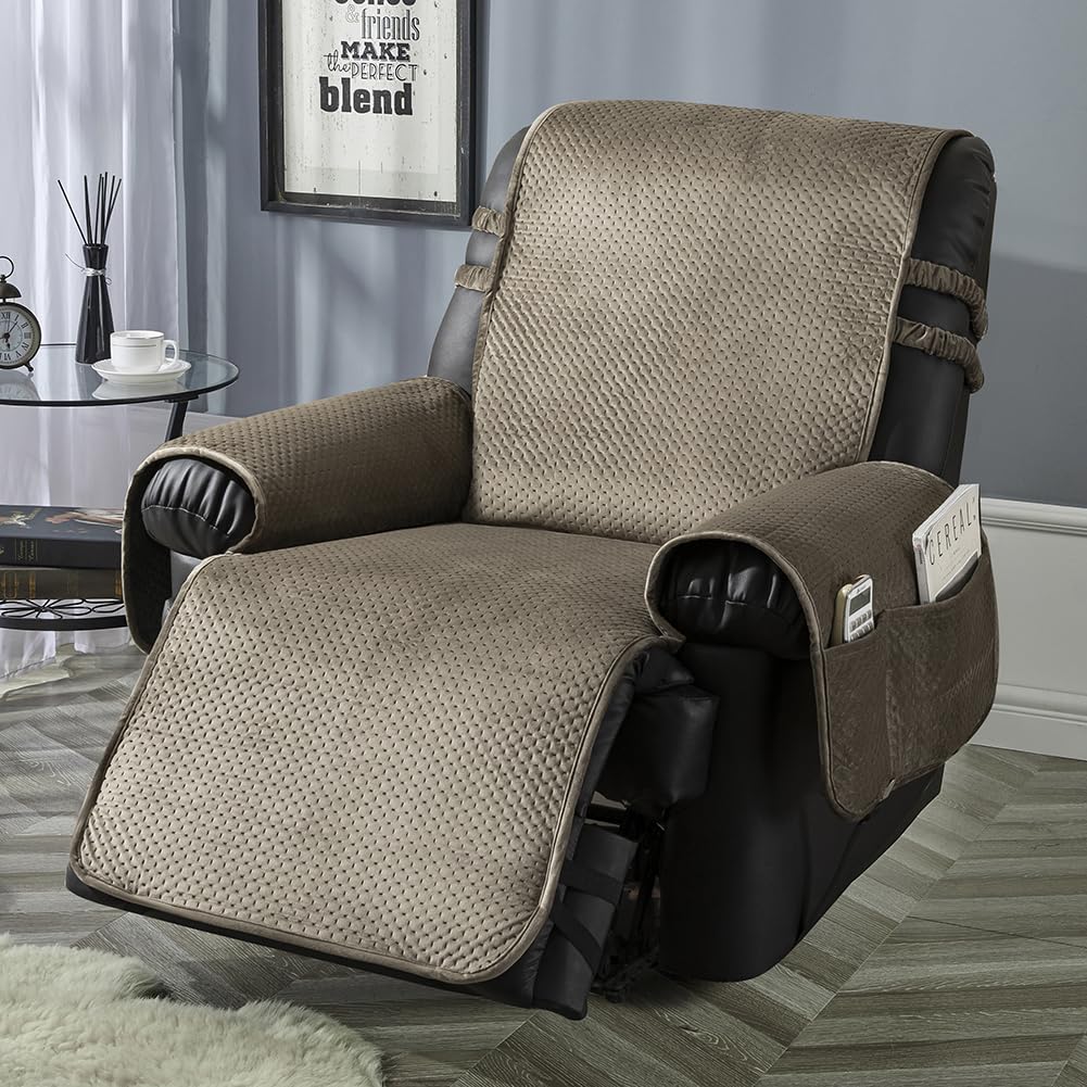 STONECREST Recliner Chair Cover, Water Resistant Velvet Quilted Slipcover, Stay in Place (Black/Grey, Recliner 23" Regular)