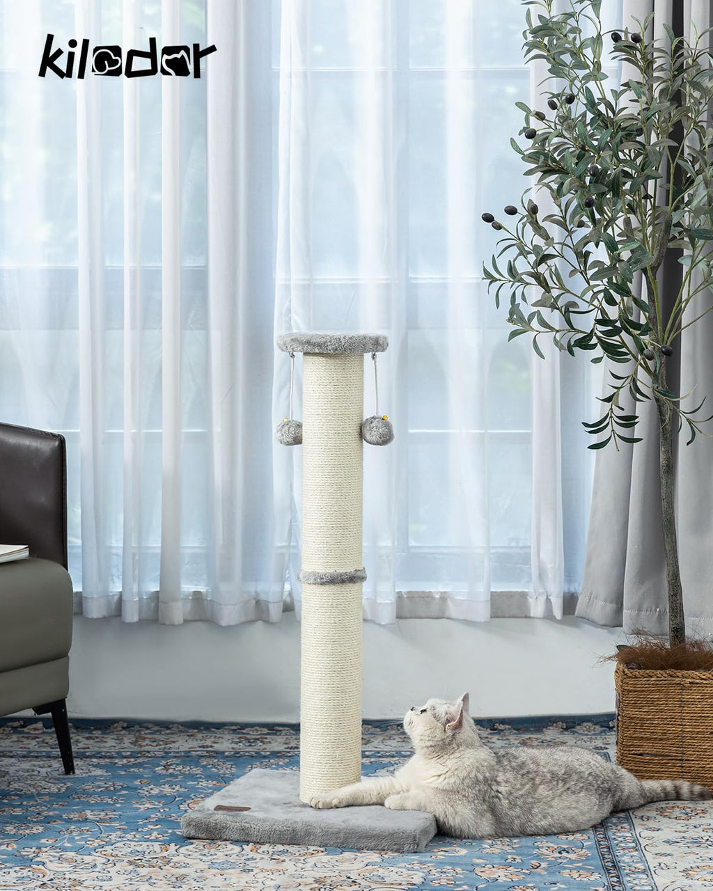 34Inch Tall Cat Scratching Post,4.3Inch Diameter Large Sisal Cat Scratch Post with Ball, Sturdy and Durable Cat Scratcher for Indoor Cats Adults Black