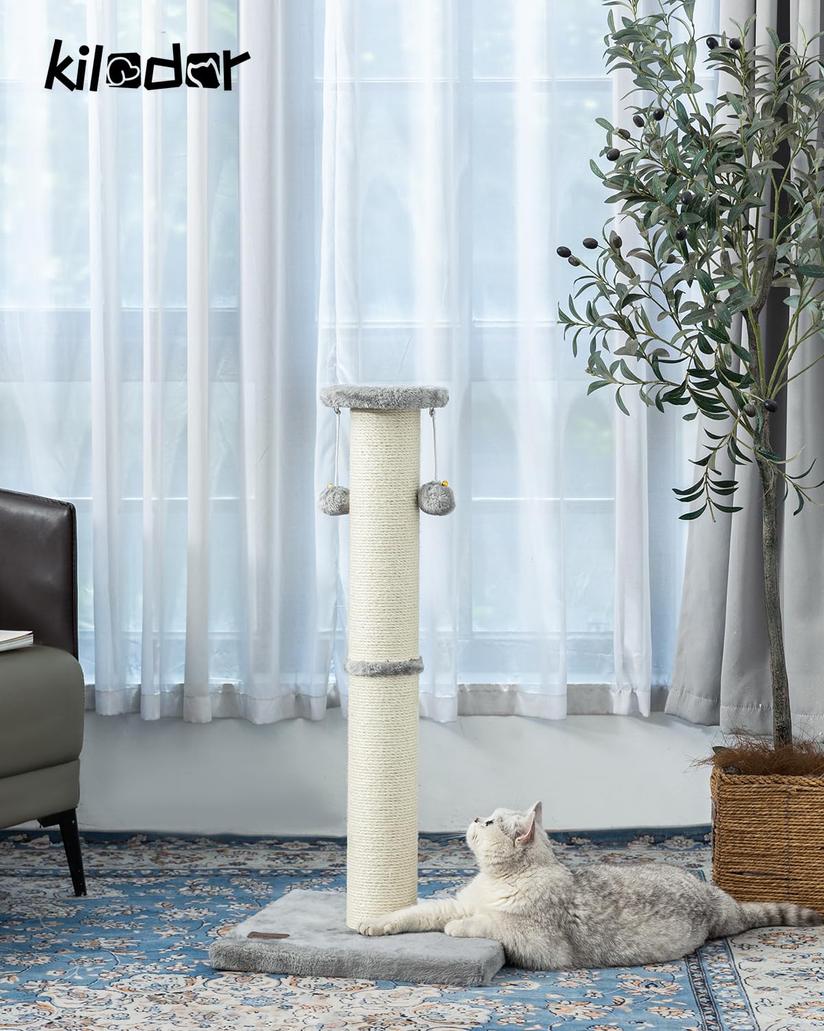 34Inch Tall Cat Scratching Post,4.3Inch Diameter Large Sisal Cat Scratch Post with Ball, Sturdy and Durable Cat Scratcher for Indoor Cats Adults Black