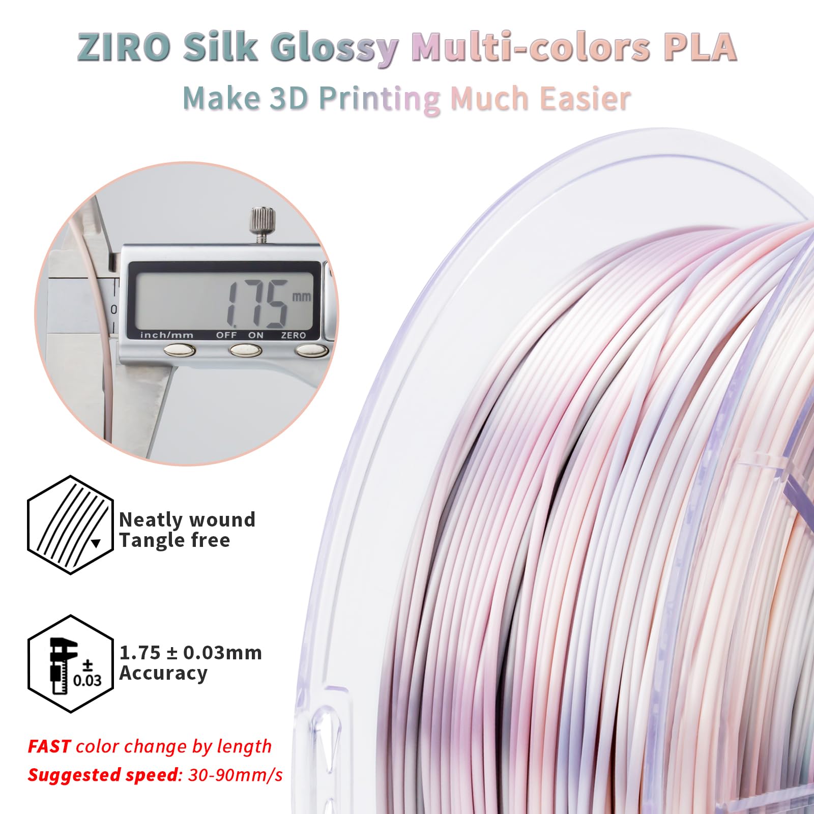 ZIRO Fast Color Change PLA, 1.75mm Color Gradient Filament, Glossy Rainbow PLA Filaments, Fit Most 3D Printer Pen, Shiny Surface 1KG/2.2lbs Spool, Aqua Sky (Silk)