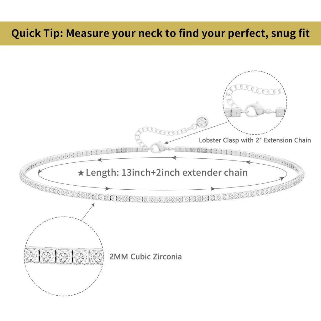 Robaice Tennis Necklace for Women, 14K Gold/Silver Plated Rhinestone Choker Necklace for Women, Dainty Cubic Zirconia Cut Faux Diamond Chain