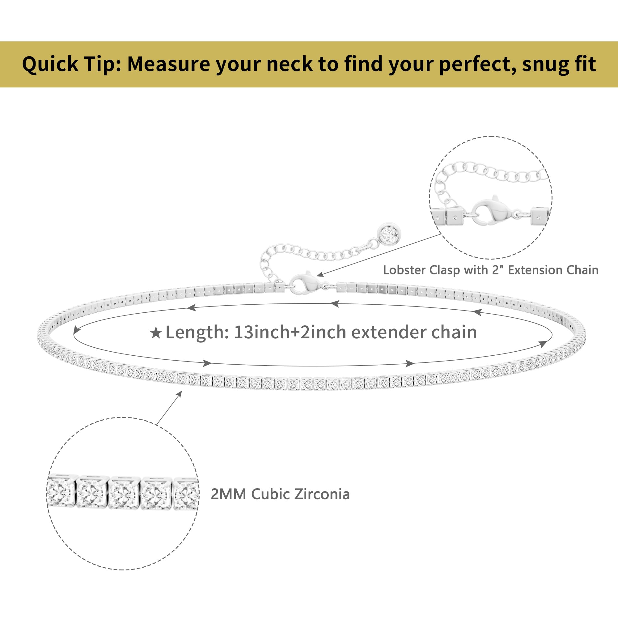 Robaice Tennis Necklace for Women, 14K Gold/Silver Plated Rhinestone Choker Necklace for Women, Dainty Cubic Zirconia Cut Faux Diamond Chain