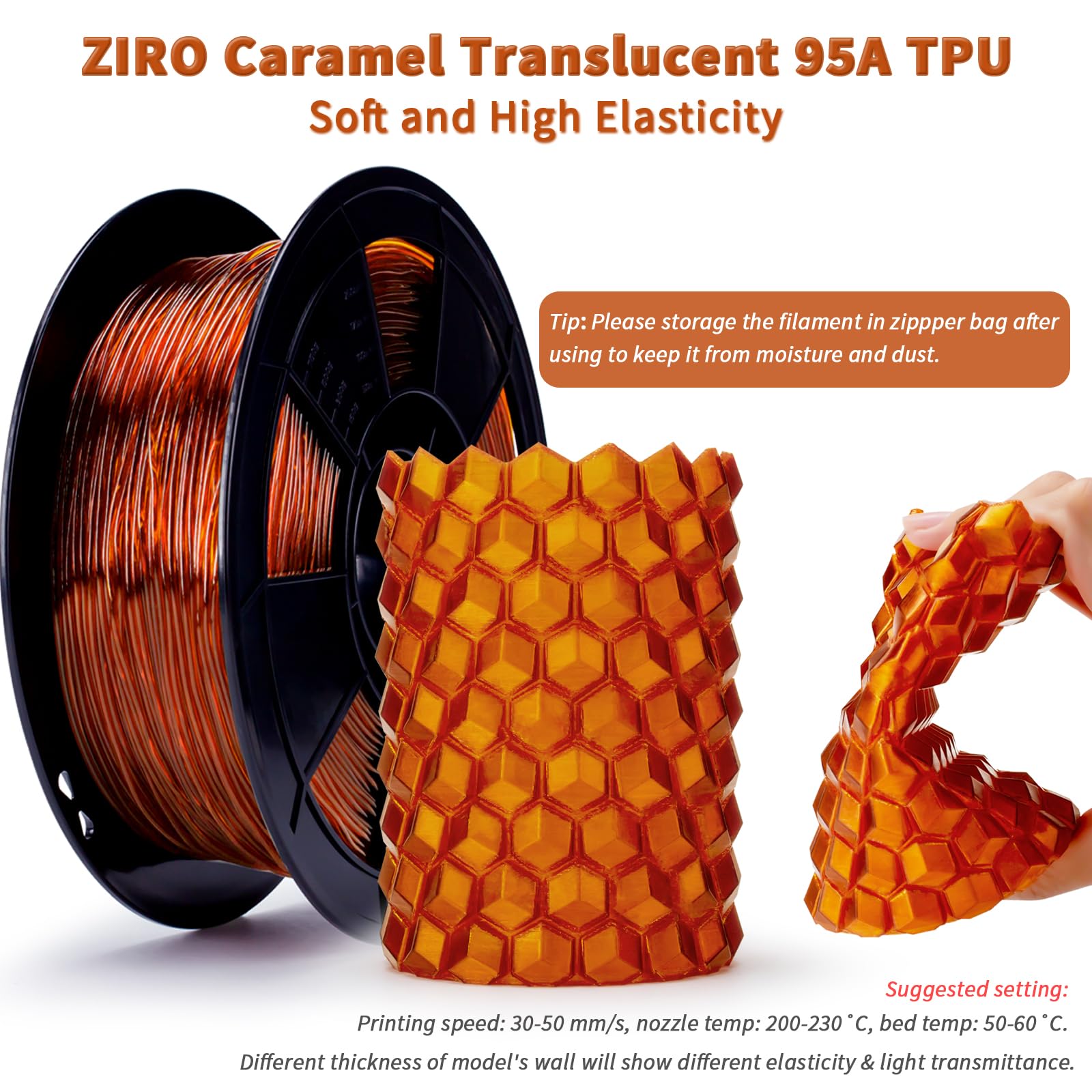 ZIRO TPU Filament 1.75mm 3D Printer Filament, Shore 95A Hardness TPU, Flexible Soft Material, 0.8KG/1.8lbs Spool, Fit Most FDM 3D Printers, Black