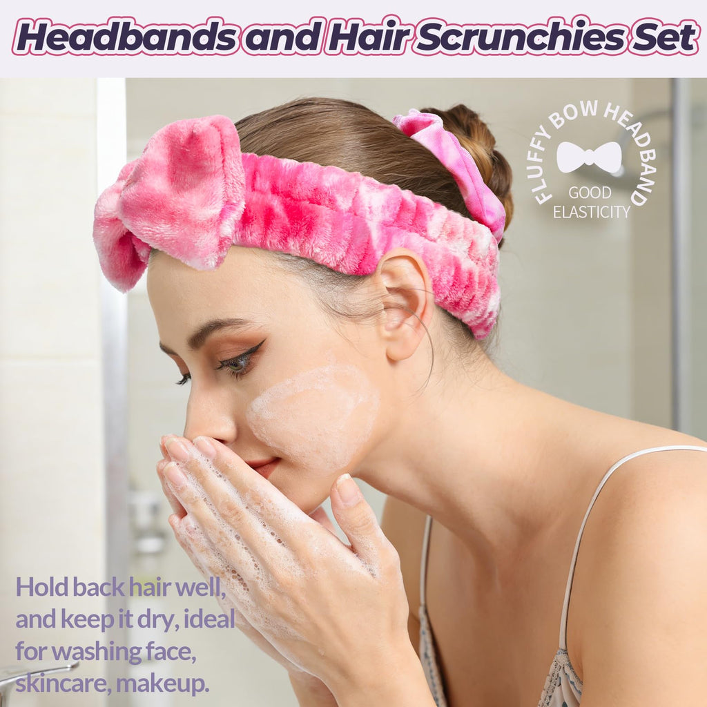 LEOBRO Spa Headband, 6pcs Makeup Headbands and Hair Scrunchies, Bow Skin Care Headband for Washing Face for Teen Girls Women, Easter Basket Valentines Gifts for Girls, Black & White & Gray