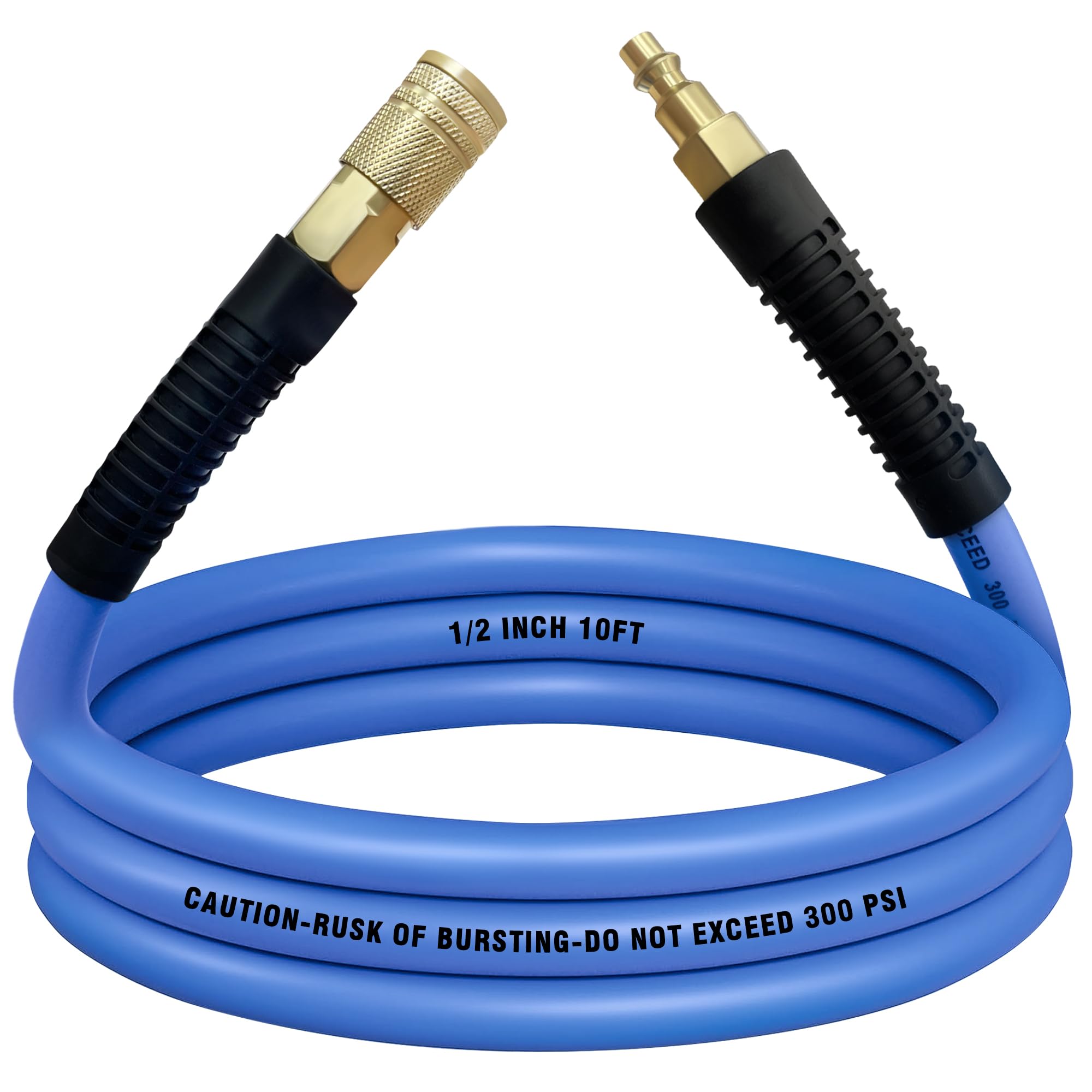 Air Compressor Hose 1/2 in, 300 PSI Heavy Duty Hybrid Air Hose with Quick Coupler and Plug Kit, Lightweight, Kink Resistant, All Weather Flexibility with Bend Restrictors, 6 Feet