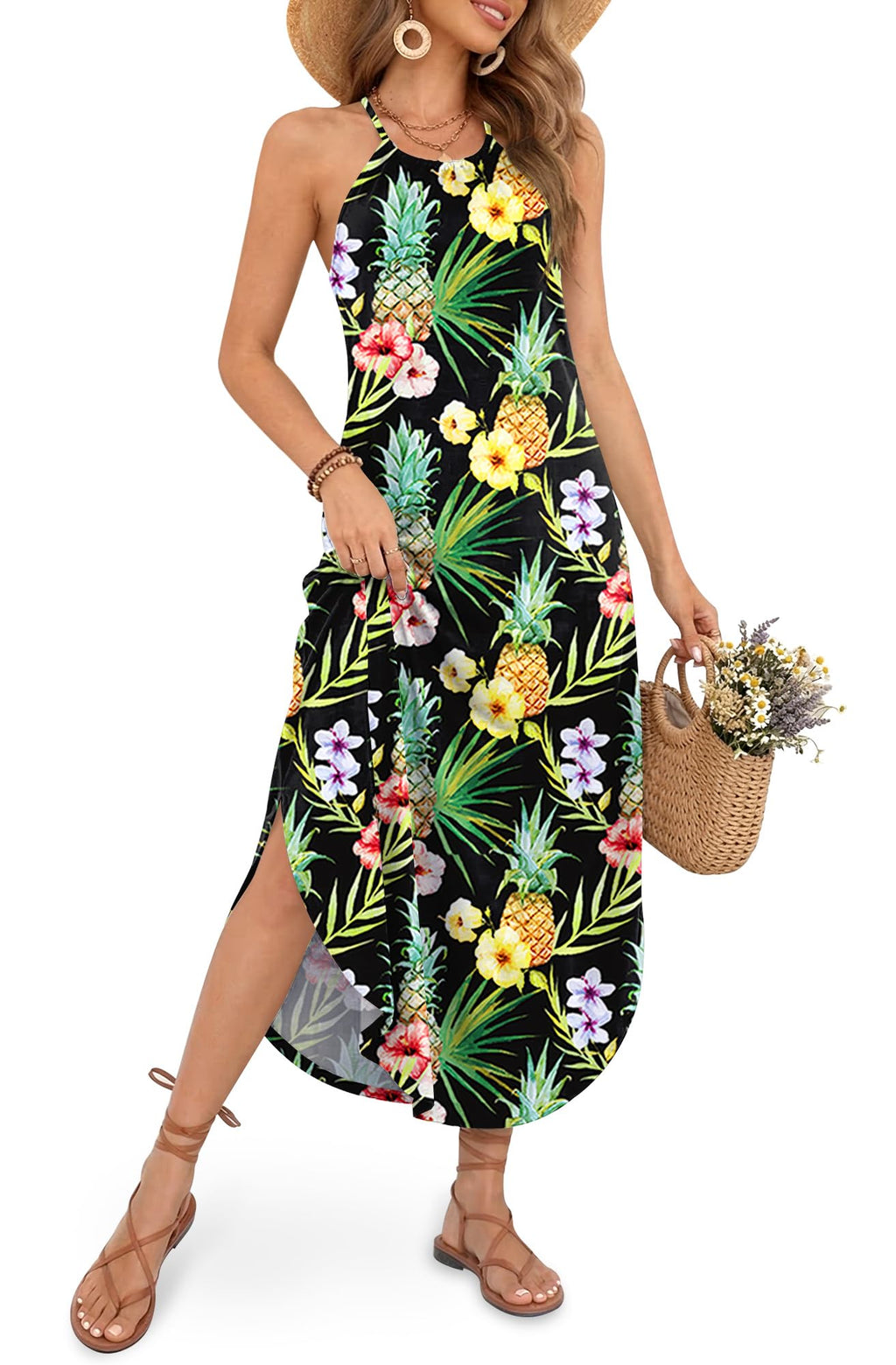 For G and PL Women's Summer Casual Halter Side Slit Maxi Beach Dress Resort Vacation Cruise Wear Sundress