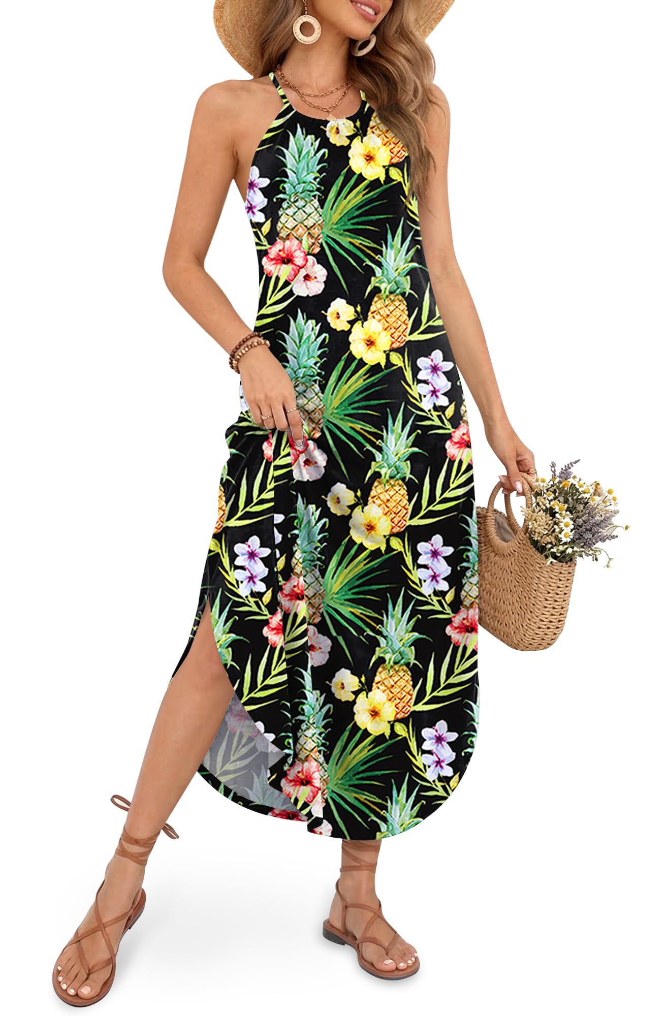 For G and PL Women's Summer Casual Halter Side Slit Maxi Beach Dress Resort Vacation Cruise Wear Sundress